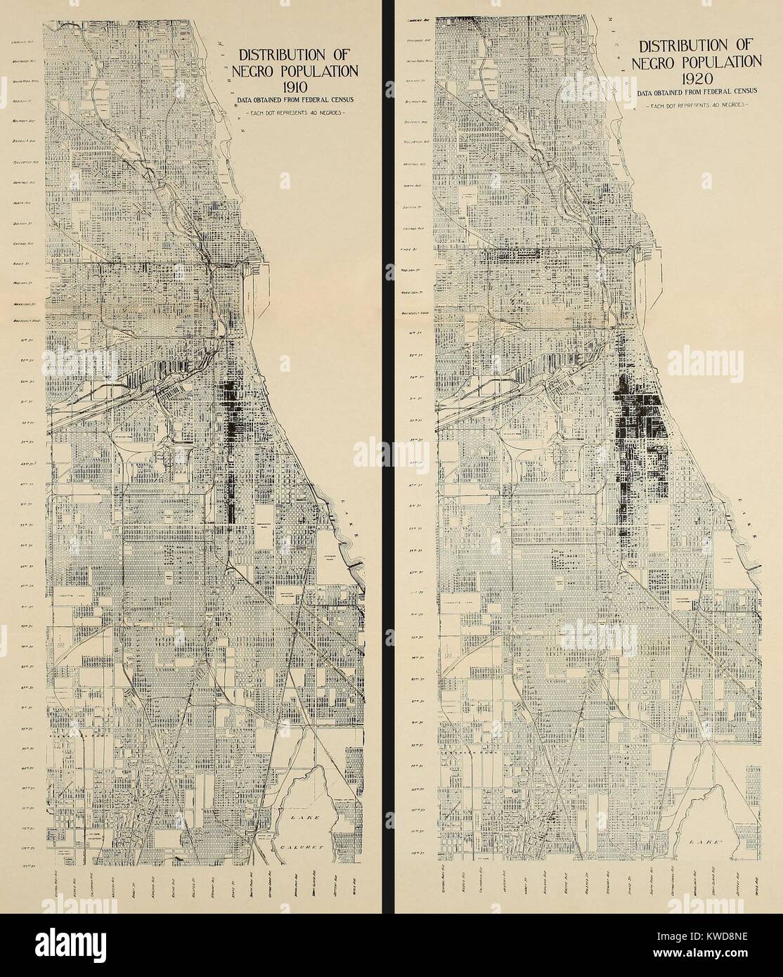 Verteilung der afroamerikanischen Bevölkerung in Chicago im Jahre 1910 und 1920. Die Karte zeigt das Wachstum der South Chicago schwarzen Gemeinschaft während der 1910er Jahre als Northern Industrie während des Zweiten Weltkrieges 1 erweitert. (BSLOC 2015 16 164) Stockfoto
