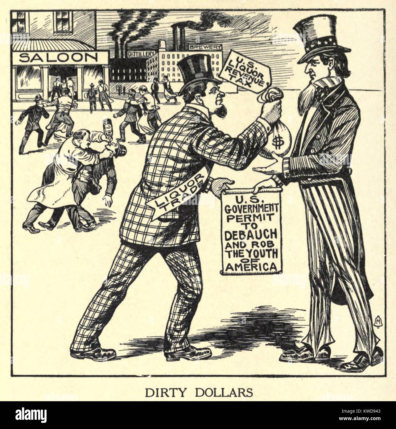 Dreckige Dollar. Cartoon zeigt die Spirituosen Handel liefern einen Sack Geld zu Uncle Sam. In Exchange, den Handel erhalten eine Erlaubnis zu verderben und Rob die Jugend von Amerika. Von "Der Schatten der Flasche", 1915 Buch für bundesweite Verbot der (BSLOC 2016 8 61) Stockfoto