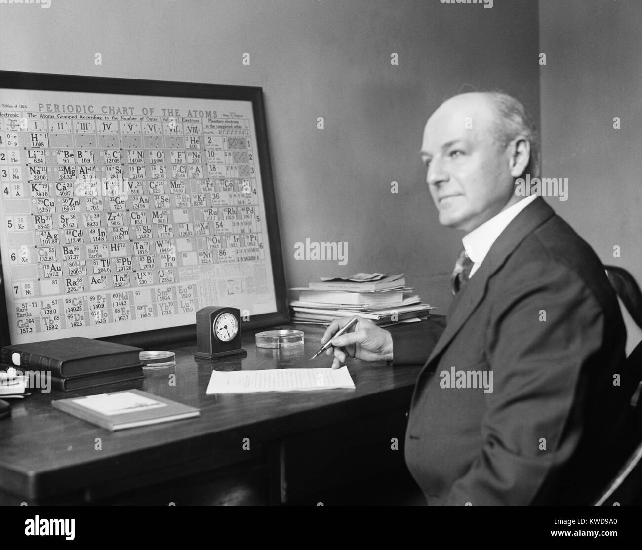 Henry D. Hubbard, der Designer der "Karte der Atome", alias "Periodensystem der Elemente", 1924. Hubbard war ein Futurist, Faxe und E-Mails vorhergesagt, als "Briefe geschickt und per Funk empfangen.' Und das Fliegen nach Instrumenten, die als "Flugzeuge durch Nebel und Dunkelheit geführt durch ein Radio wave", und Fernsehen, 'Motion Bilder per Funk (aka TV) in unseren Häusern" (BSLOC 2016 10 11) Stockfoto