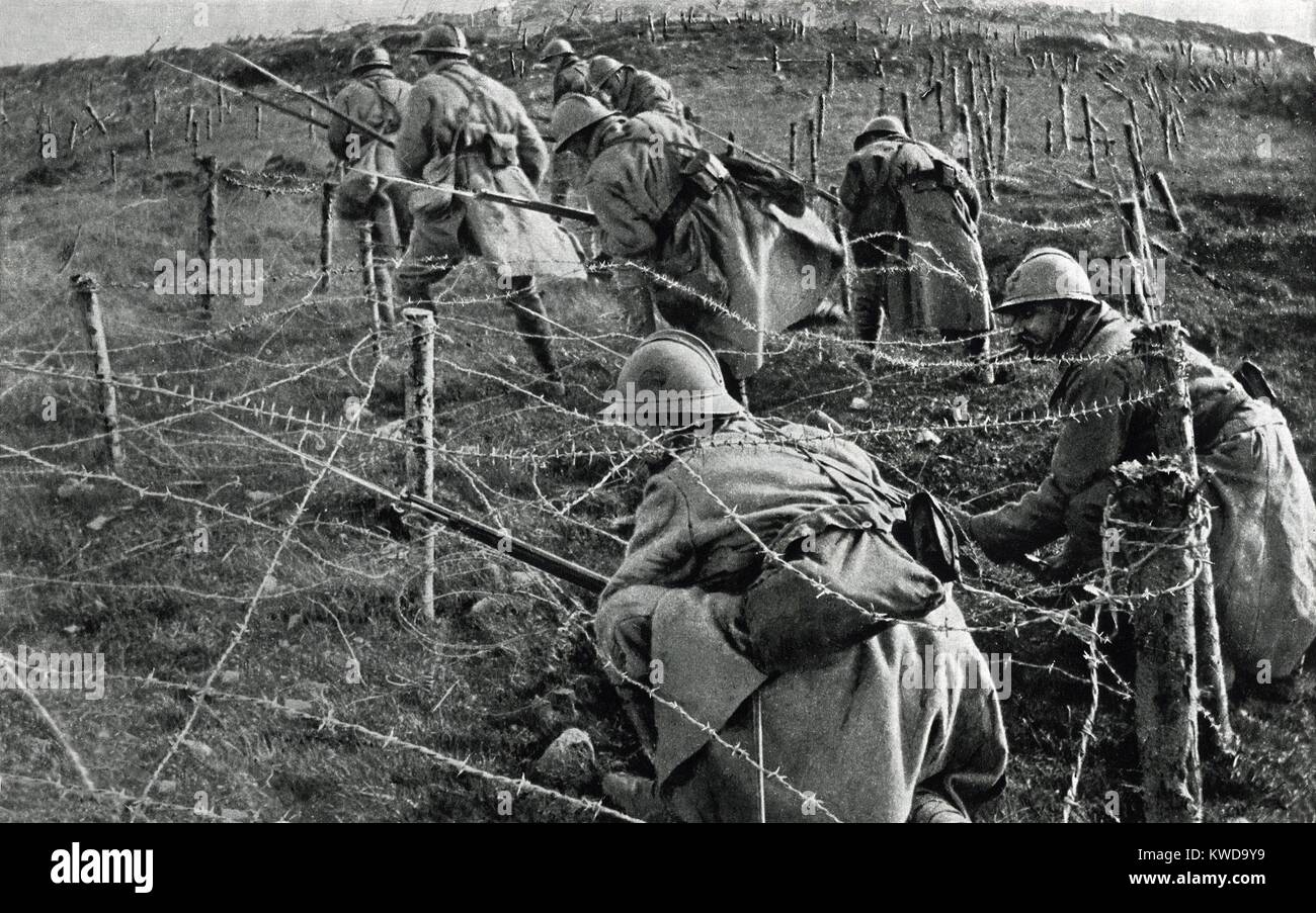 Weltkrieg 1: Die Schlacht von Verdun. Die französischen Soldaten kriechen durch Ihre eigenen Stacheldraht Verstrickungen, wie Sie einen Angriff auf die feindlichen Gräben beginnen. April-juni 1916. (BSLOC 2013 1 100) Stockfoto