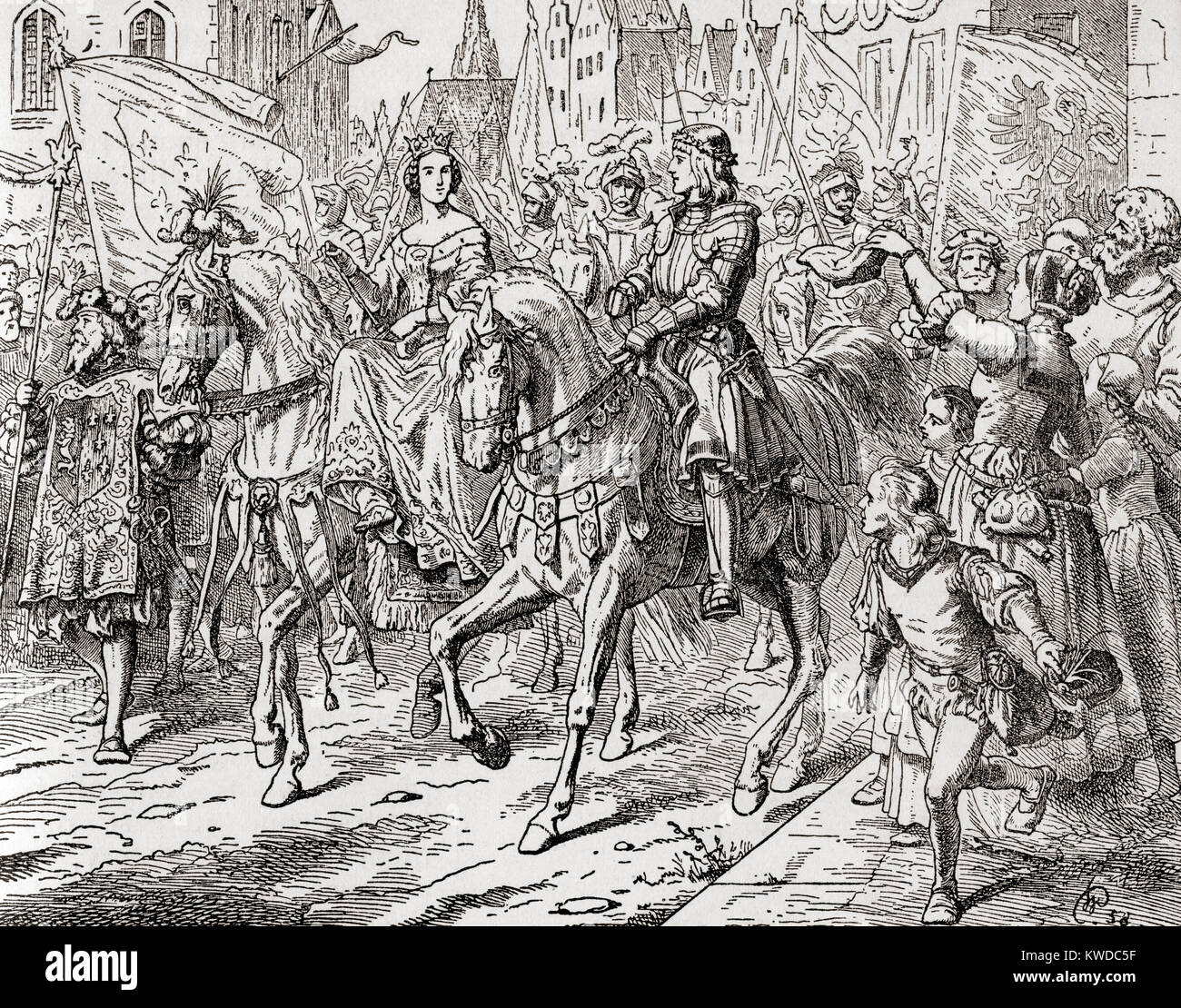 Erzherzog Maximilian, der spätere Kaiser des Heiligen Römischen Reiches Maximilian I., mit seiner Braut, Maria von Burgund, in Gent, 1477. Maximilian I., 1459 - 1519. König der Römer aka König der Deutschen aus 1486 und Kaiser des Heiligen Römischen Reiches von 1493 bis zu seinem Tod. Maria, 1457 - 1482. Herzogin von Burgund. Von Station und Lock's illustrierte Geschichte der Welt, veröffentlicht C 1882. Stockfoto Erzherzog Maximilian, der spätere Kaiser des Heiligen Römischen Reiches Maximilian I., mit seiner Braut, Maria von Burgund, in Gent, 1477. Maximilian I., 1459 - 1519. König der Römer aka König der Deutschen aus 1486 und Kaiser des Heiligen Römischen Reiches von 1493 bis zu seinem Tod. Maria, 1457 - 1482. Herzogin von Burgund. Von Station und Lock's illustrierte Geschichte der Welt, veröffentlicht C 1882. Stockfoto