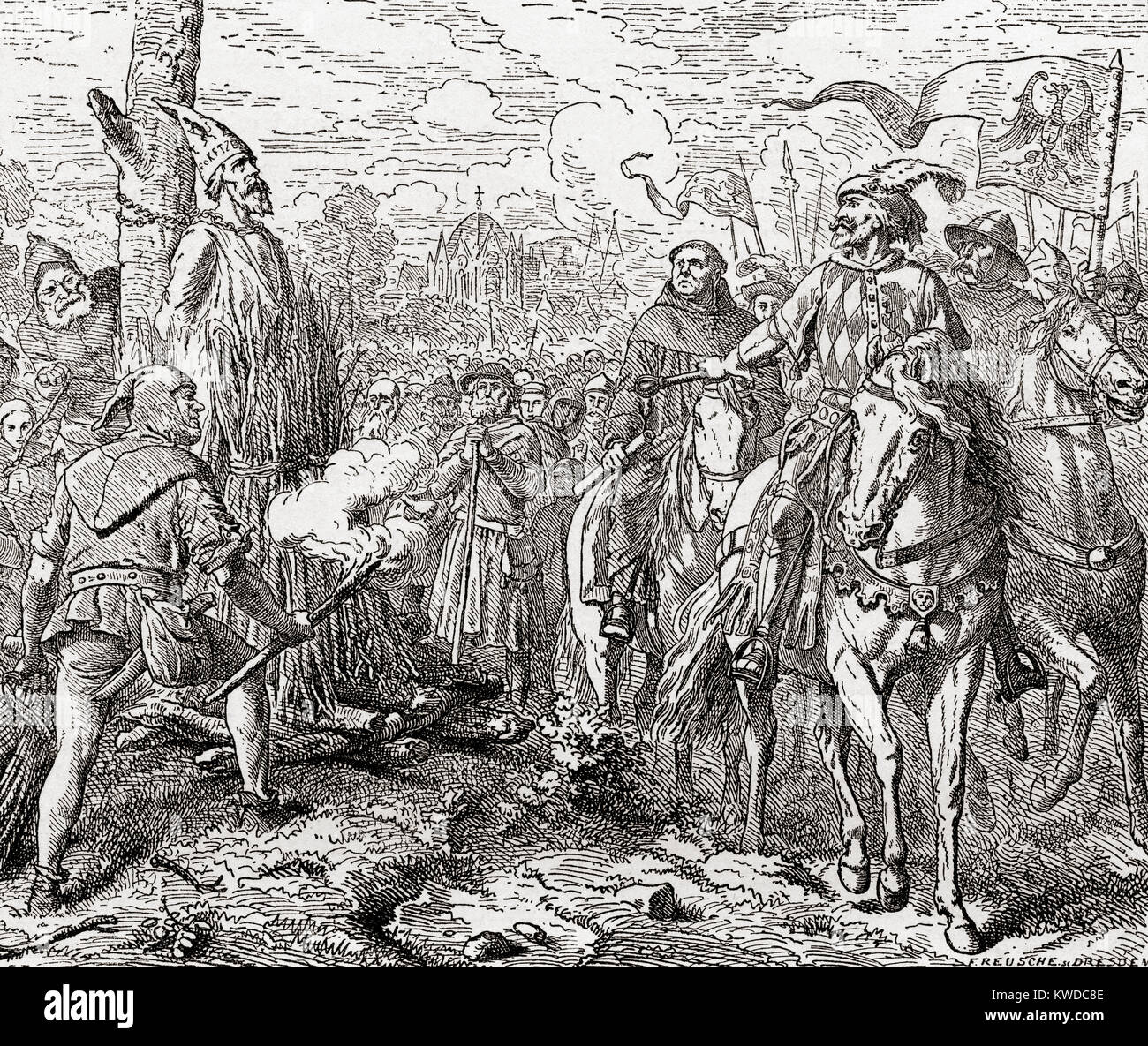 Jan Hus auf dem Scheiterhaufen beschworen zu widerrufen. Jan Hus, c 1369-1415, aka Johannes Hus oder John Huss. Tschechische Theologe, römisch-katholischer Priester, Philosoph, Master, Dekan und Rektor der Karlsuniversität in Prag, Reformator, Inspirator der Das Hussitentum, einem wichtigen Vorläufer der Protestantismus und eine zukunftsträchtige Abbildung in der Böhmischen Reformation. Von Station und Lock's illustrierte Geschichte der Welt, veröffentlicht C 1882. Stockfoto