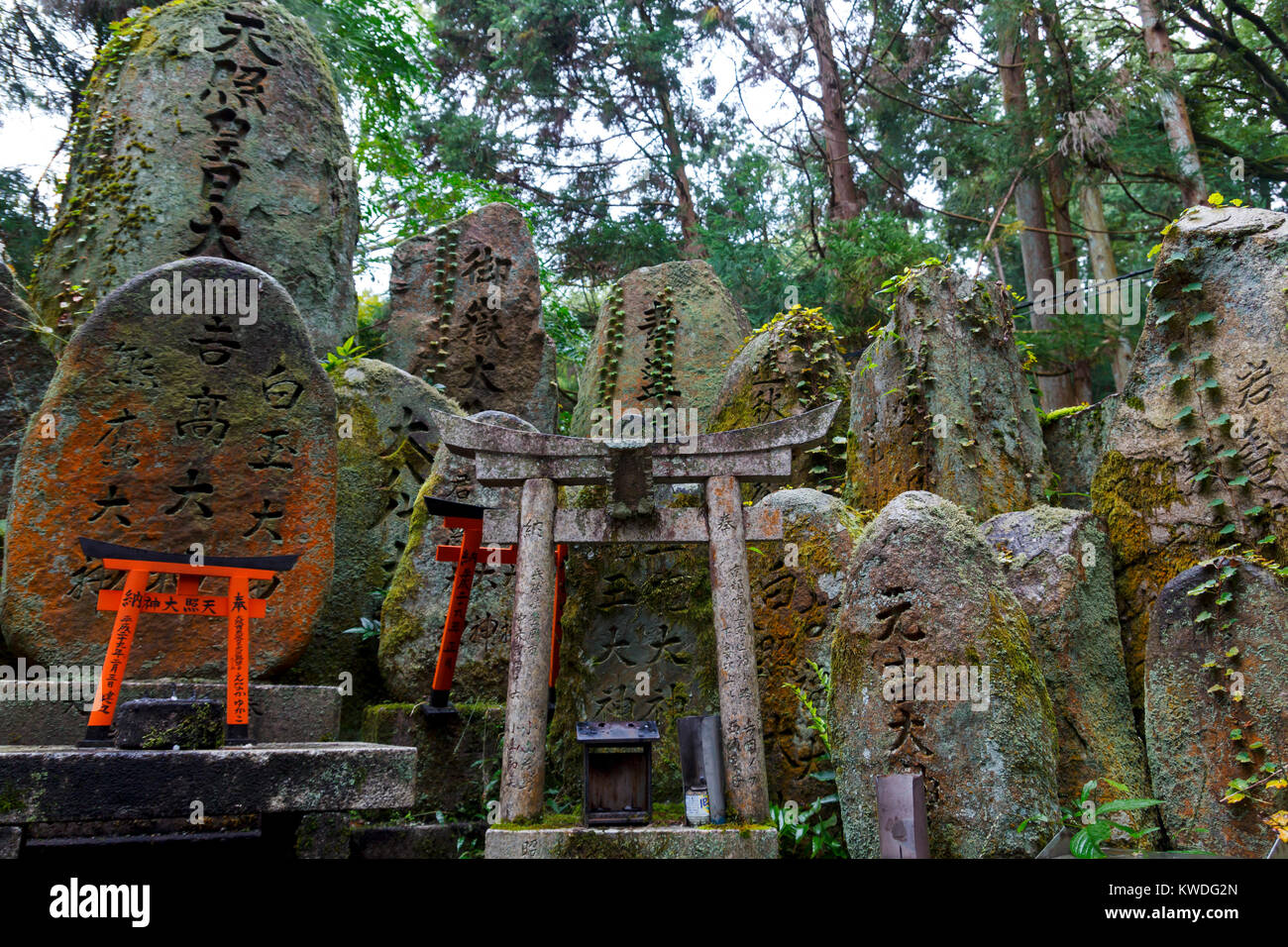 Japanischer Text carved in Steinen am Fushimi inari Schrein in Kyoto, Japan Stockfoto