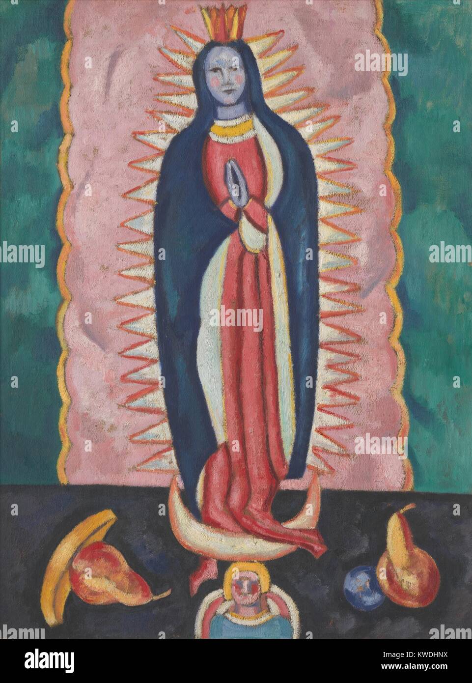 Die Jungfrau von Guadalupe, Marsden Hartley, 1918-19, Amerikanische Malerei, Öl, Kohle auf Karton. Das Gemälde zeigt eine bulto, eine kleine geschnitzte und religiöse Statue bemalt. Es war vielleicht von seiner Reise nach New York, wo er zum Spanischen Kolonialstil, Mexikanische ausgesetzt war inspiriert, und American Indian Arts (BSLOC 2017 7 106) Stockfoto