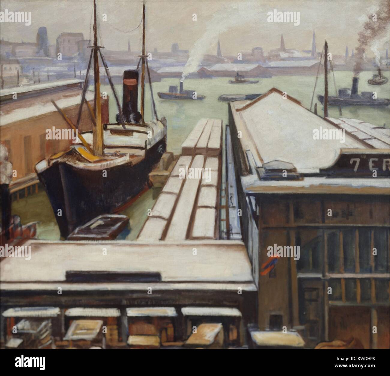 EAST RIVER, von Samuel Halpert, 1913-14, Amerikanische Malerei, Öl auf Leinwand. Dieses stilisierte Hafen Szene ist bemalt mit emphatischen Lineare und atmosphärische Perspektive innerhalb der Formen bemalt mit vereinfachten Ebenheit (BSLOC 2017 7 114) Stockfoto