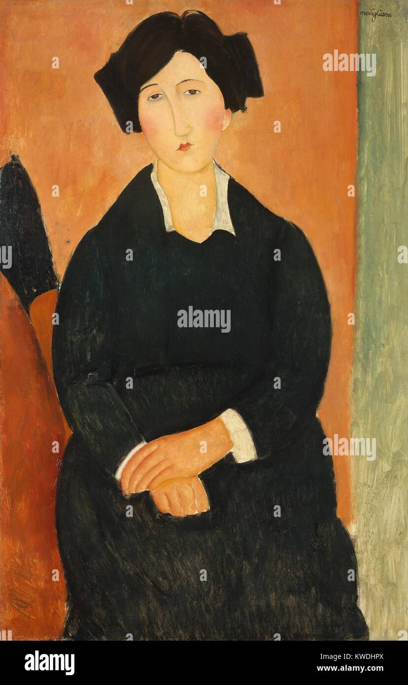 Die italienische Frau, die von Amedeo Modigliani, 1917, Italienisch modernistischen Malerei, Öl auf Leinwand. Die sitter war wahrscheinlich die Künstler Freund oder Nachbar. Der Künstler Moderiert seine üblichen anatomischen Dehnungen zu einem ovalen Kopf und schrägen Schultern. Er behält seine typischen schmalen länglichen Nase und kleinen Mund. Es wird gemalt, mit starken Silhouette aus gebürstetem Farbe mit wenig Farbe oder klangliche Modellierung (BSLOC 2017 7 13) Stockfoto