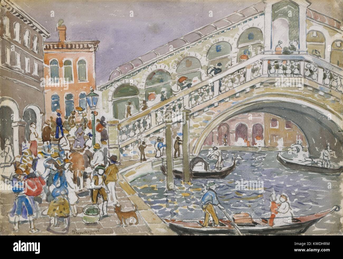 RIALTO BRIDGE (Brücke, Venedig), von Maurice Brazil Prendergast, 1911-12, Kanadisch-Aquarell. Malen mit Gouache und Kohle auf Papier. Dies wurde während seiner zweiten Reise nach Venedig im persönlichen Stil, den er von Post Impressionismus (BSLOC 2017 7 148) entwickelt, lackiert Stockfoto