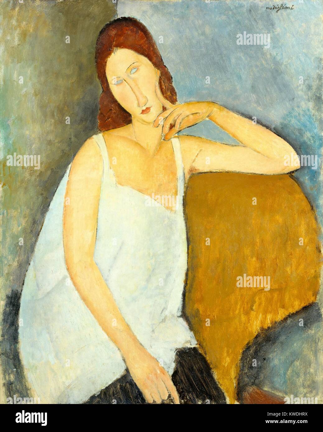 JEANNE HEBUTERNE, von Amedeo Modigliani, 1919, Italienisch modernistischen Malerei, Öl auf Leinwand. Hebuterne, die Künstler der 21-jährige Herrin, wurde schwanger mit ihrem zweiten Kind. Dieses Portrait ist bemalt mit Modigliani Stilisierungen und Dehnungen (BSLOC 2017 7 16) Stockfoto