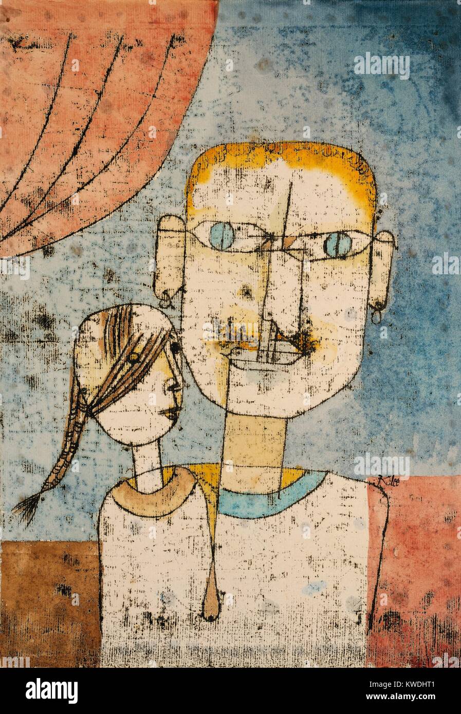 ADAM UND EVA, von Paul Klee, 1921, Schweizer Zeichnung, Aquarell und Tusche auf Papier. Mit surrealen Bildern, Klee schildert Eva als Kind, noch zu Adams Rippe, aus denen Sie wuchs. Adam ist ein breites, erwachsene Mann, Sport Ohrringe und einen Schnurrbart (BSLOC 2017 7 19) Stockfoto