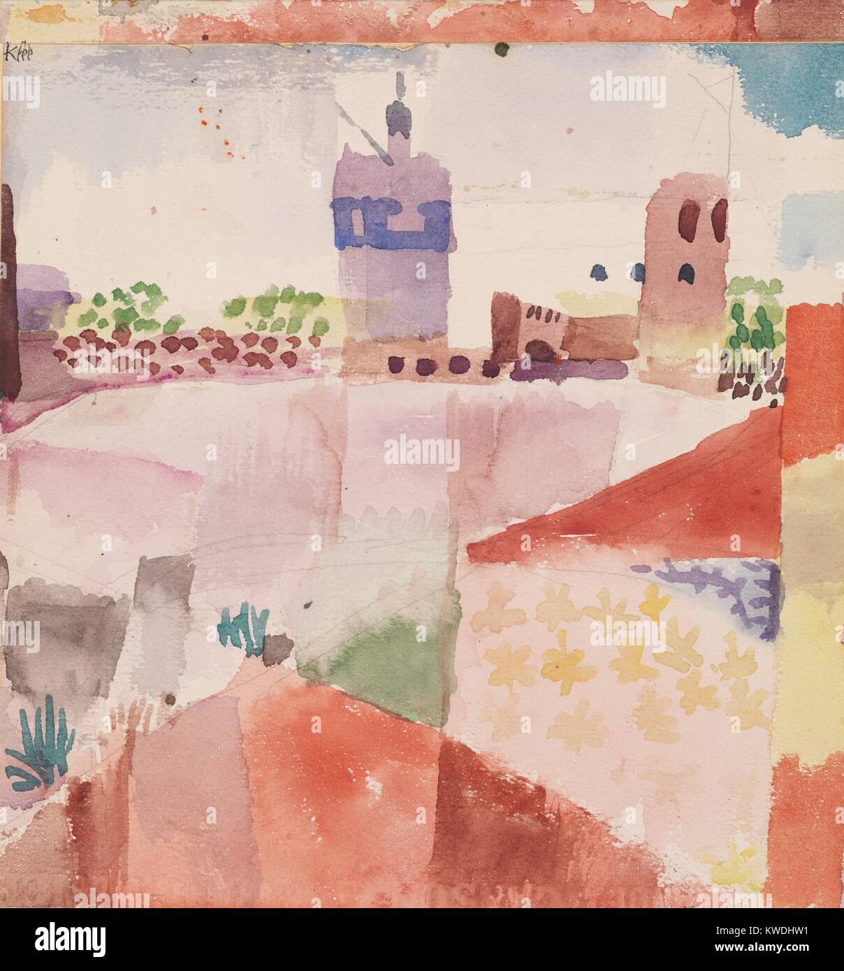 HAMMAMET MIT SEINER MOSCHEE, von Paul Klee 1914, Schweizer Zeichnung, Aquarell und Graphit auf Papier. Die Küstenstadt Hammamet und seinen unverwechselbaren Moschee wurden von Klee gemalt nach seinem Besuch in Tunesien (BSLOC 2017 7 41) Stockfoto