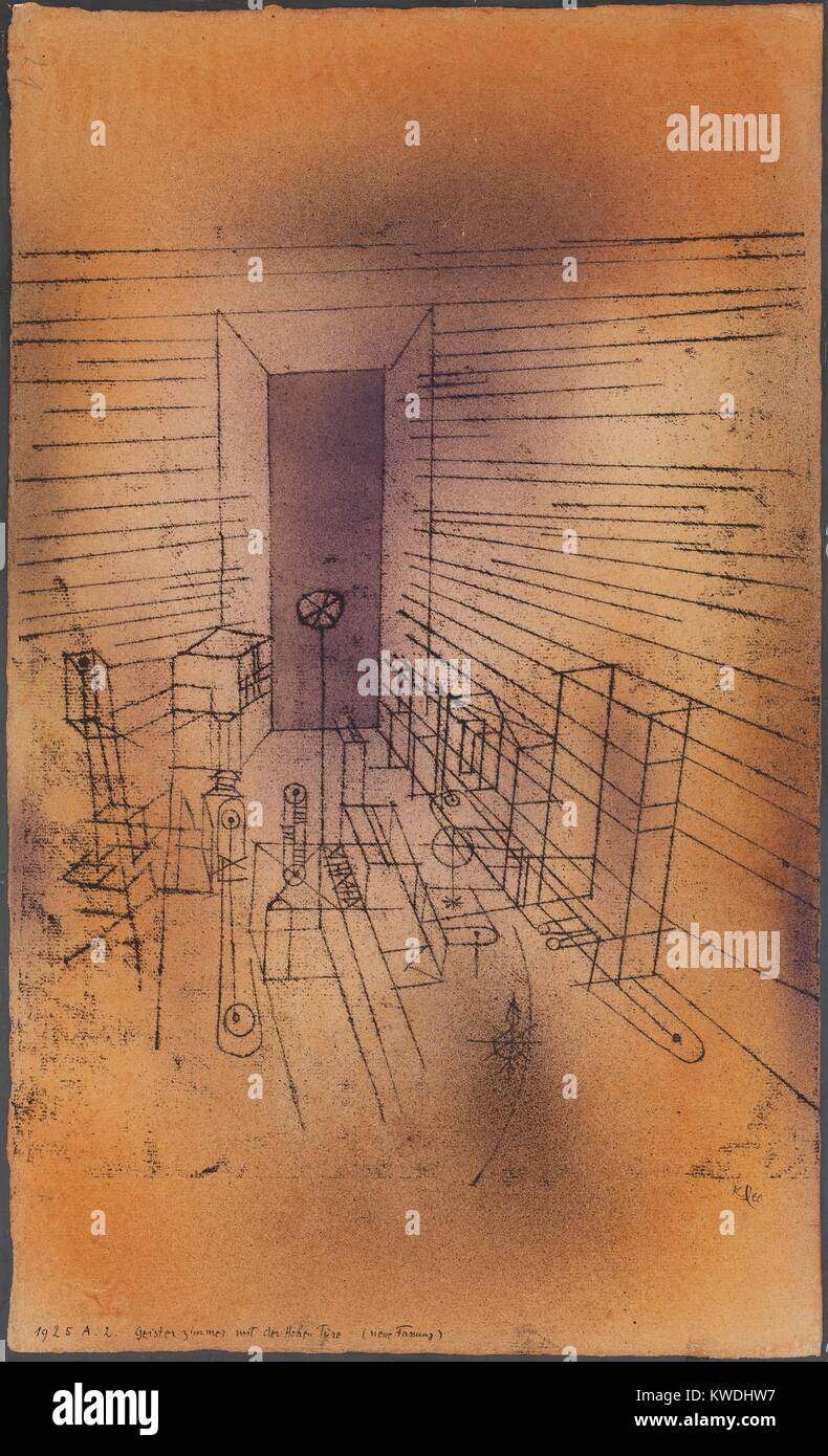 GHOST KAMMER MIT EINER HOHEN TÜR (NEUE VERSION), die von Paul Klee, 1925, Schweizer Aquarell Malerei. Strichzeichnung entsteht die Illusion einer Zimmer, Möbel, und eine Tür. Es gibt auch nicht identifizierbare Objekte und klanglichen Variationen, dass express Variation in atmosphärischer Dichte, vielleicht Geister (BSLOC 2017 7 47) Stockfoto