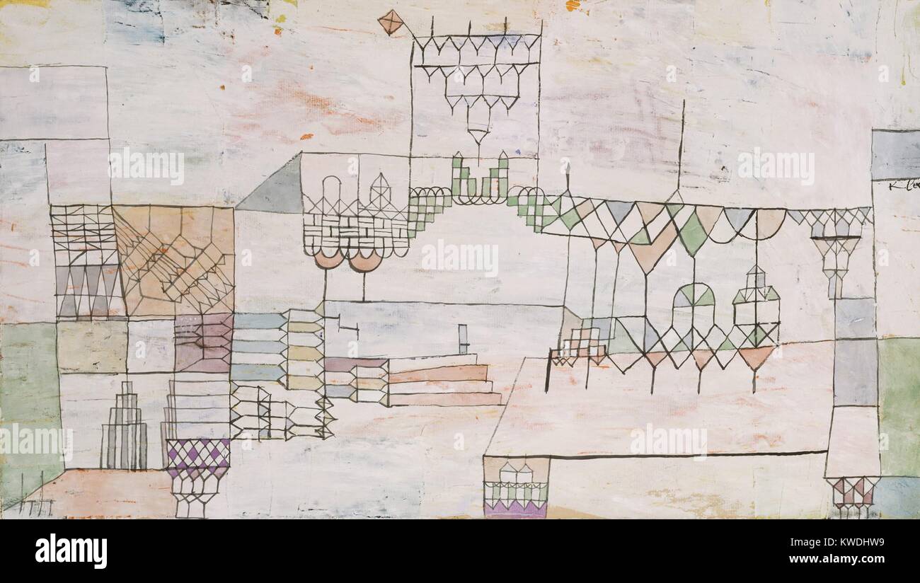 Große Halle für Sänger, von Paul Klee, 1930, Schweizer Zeichnung, Aquarell und Gouache auf Papier. Zeichnung mit Geometrische Muster erzeugt die Illusion eines offenen architektonischen Struktur (BSLOC 2017 7 49) Stockfoto