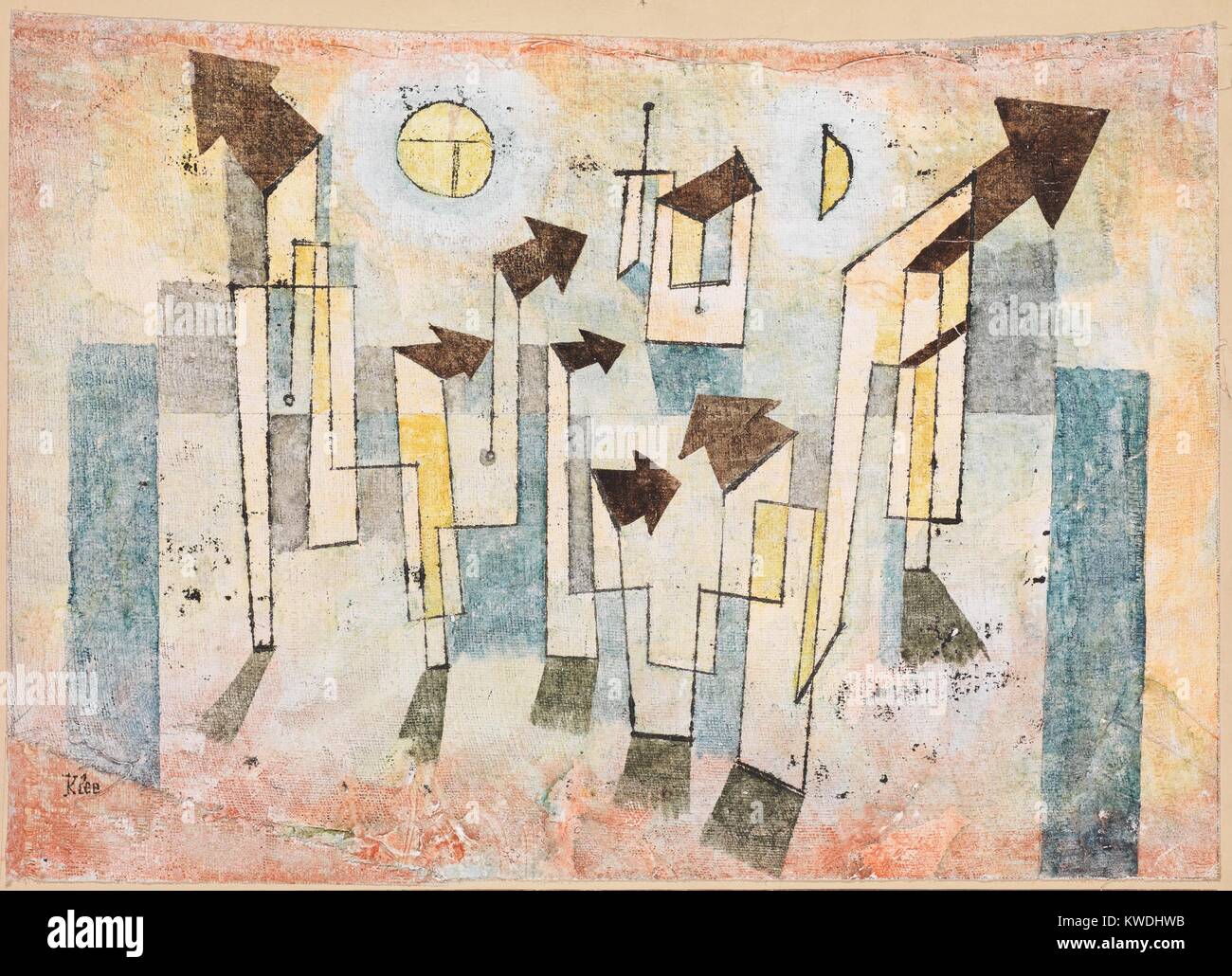 Wandbild AUS DEM TEMPEL DER SEHNSUCHT DAHIN, von Paul Klee, 1922, Schweizer Malerei, Aquarell und Tusche. Illusionistische geometrische Abstraktion ist zart gefärbt mit primären und sekundären Farben (BSLOC 2017 7 50) Stockfoto