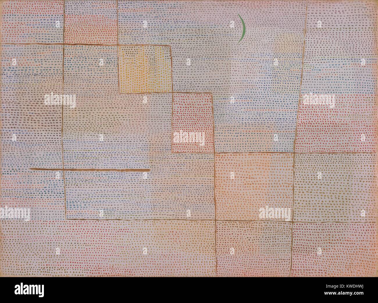 Klärung, von Paul Klee, 1932, Schweizer Malerei, Öl auf Leinwand. Klee unterteilt den Boden in Bereiche der Buff und grau, dann überlagert braune Linien und bedeckten die Oberfläche mit horizontalen Reihen von Tausenden kleinen Farbpunkten. Die grünen Halbmond erinnert an den Mond, zur Gründung eine Spannung zwischen der Abstraktion und diese symbolische gegenständliche Element (BSLOC 2017 7 56) Stockfoto