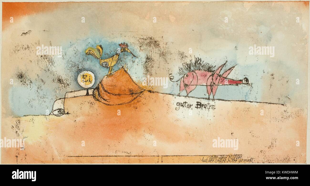 Die EIER UND DIE GUTEN BRATEN KOMMEN AUS, von Paul Klee, 1921, Schweizer aquarell Malen mit Tinte. Zeichnung eines skurrilen Huhn und Schwein hat einen Hauch von grotesken Humor (BSLOC 2017 7 58) Stockfoto