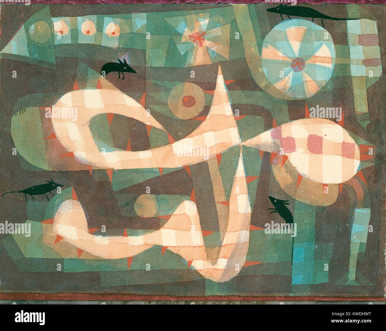 Der stacheldraht Schlinge, Mäusen, von Paul Klee, 1923, Schweizer Zeichnung, Aquarell und Gouache auf Papier. Vier flache Silhouetten von Mäusen bewohnen mazelike Formen, eine mit bedrohlichen orange dreieckige Projektionen, die von der Kante (BSLOC 2017 7 61) Stockfoto