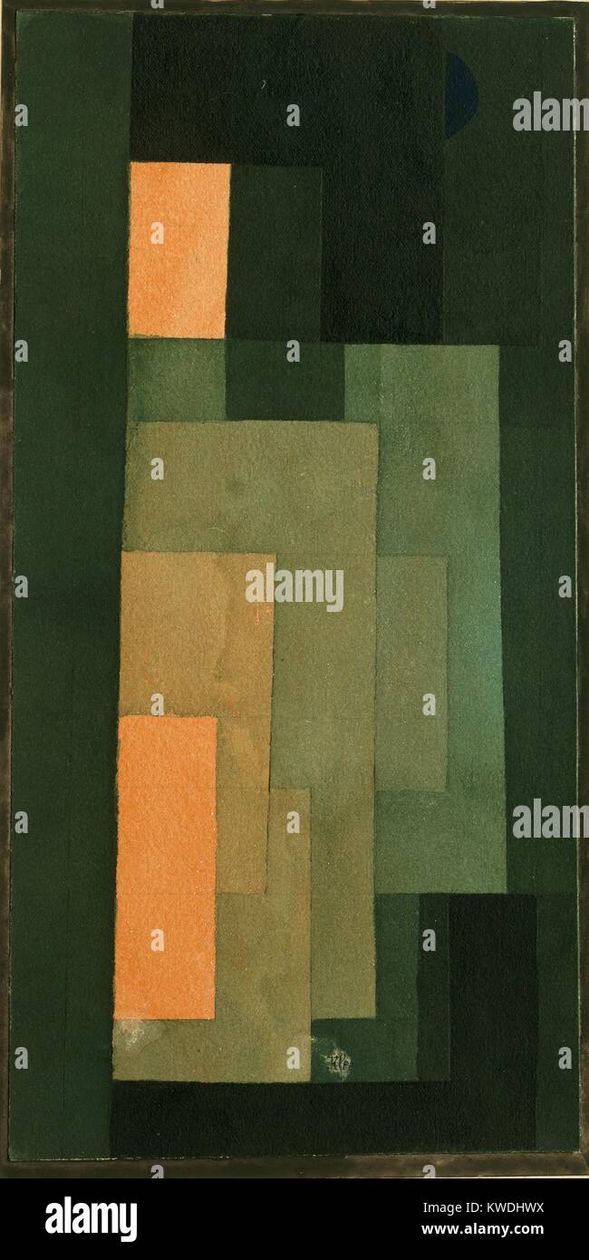 Turm IN ORANGE und GRÜN, von Paul Klee, 1922, Schweizer Zeichnung, Aquarell, Graphit und Tinte auf Papier. Flache Rechtecke von grün und orange erzeugen die Illusion von Licht und Raum (BSLOC 2017 7 63) Stockfoto