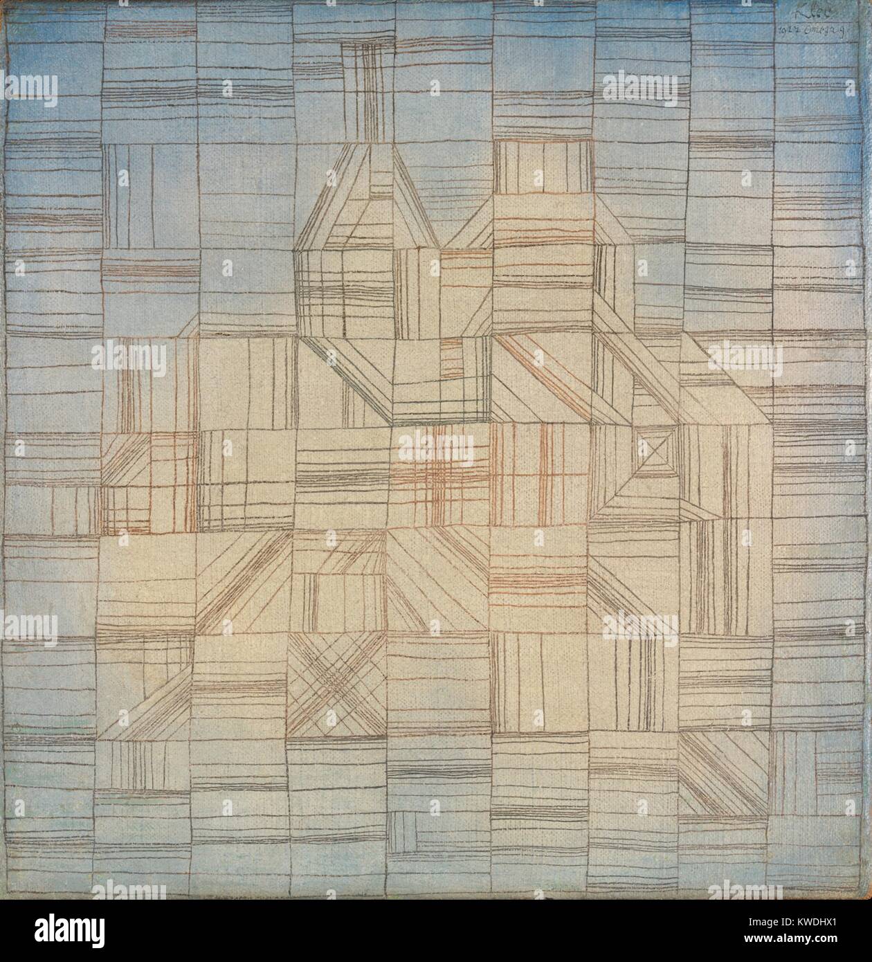 Variationen (ROGRESSIVE MOTIF), von Paul Klee, 1926, Schweizer Malerei, Öl, Aquarell auf Leinwand. Die Leinwand ist Tönen Elfenbein in der Mitte und blau an den Ecken und Kanten. Über dies, Linien erzeugen eine Hand gezeichnet Raster, in dem er unterschiedliche lineare Kombinationen (BSLOC 2017 7 66) erstellt Stockfoto