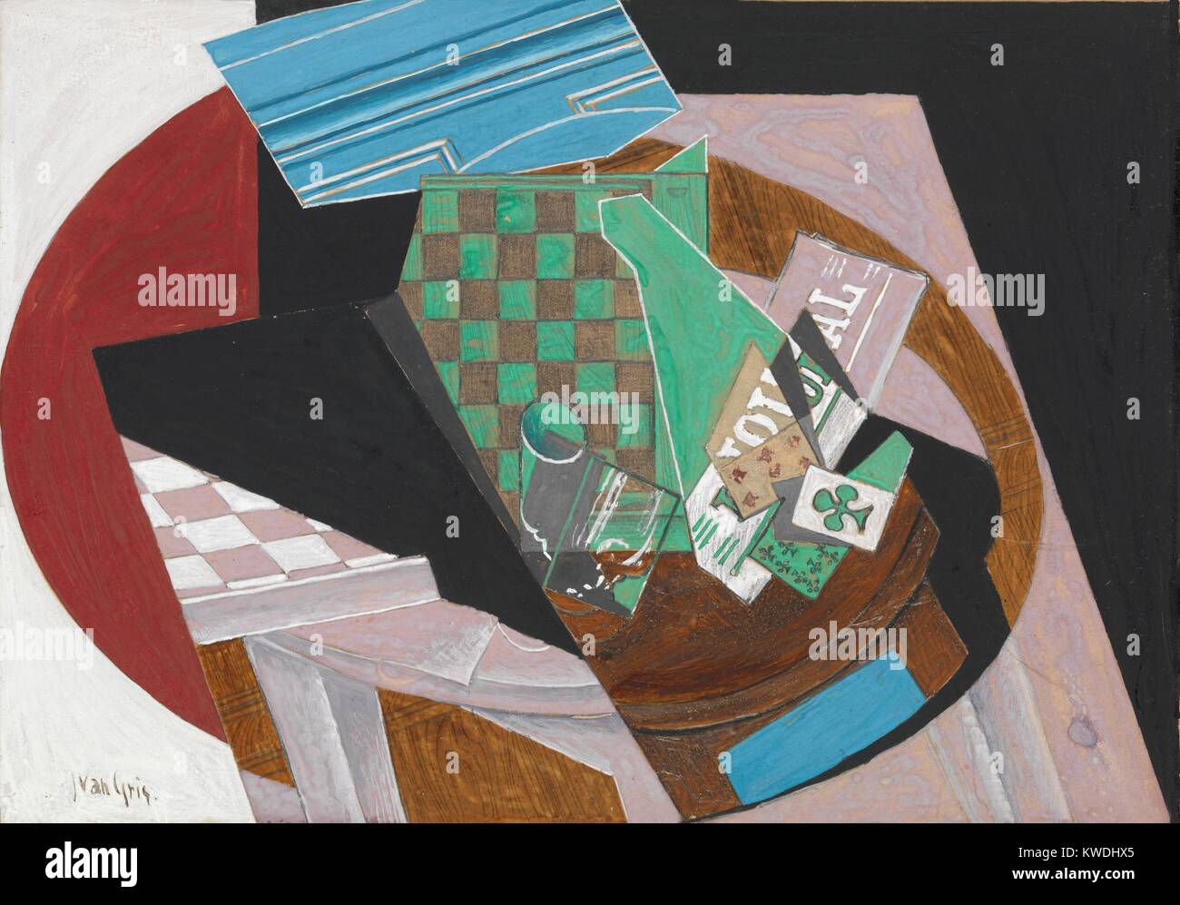 Schachbrettmuster und Karten spielen, von Juan Gris, 1915, Spanisch kubistischen Zeichnung, Aquarell, Graphit und Harz auf Papier. Die Zusammensetzung wird durch zwei vertikale Bögen der Tischplatte verankert, als Grundlage der visuellen Spiel der Abstrahierten figurativen Elemente (BSLOC 2017 7 7) Stockfoto