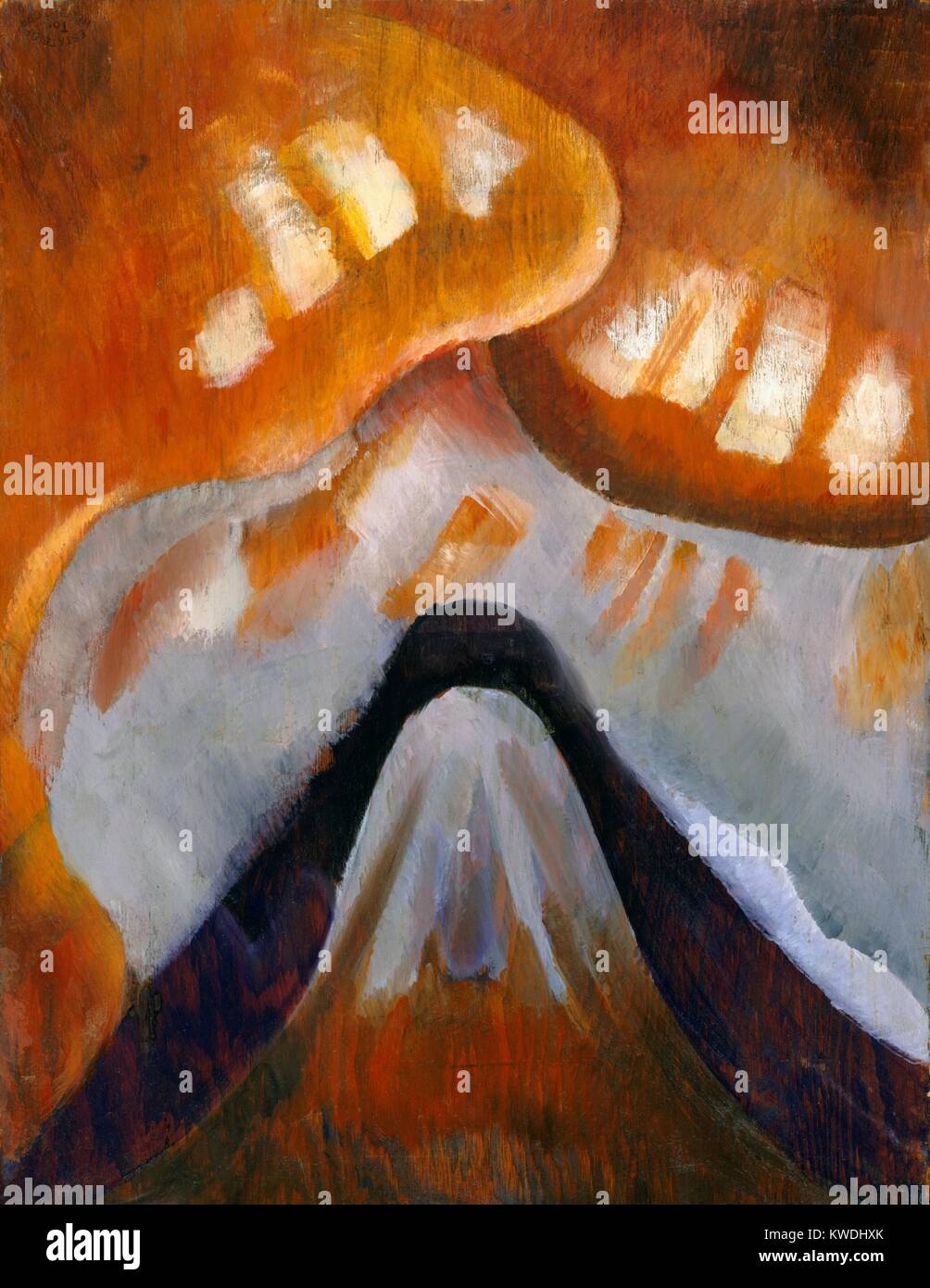 Berg und Himmel, Arthur Dove, 1925, Amerikanische Malerei, Öl auf Holz. Abstrakte Landschaft dramatisch lackiert mit orange Wolken (BSLOC 2017 7 80) Stockfoto