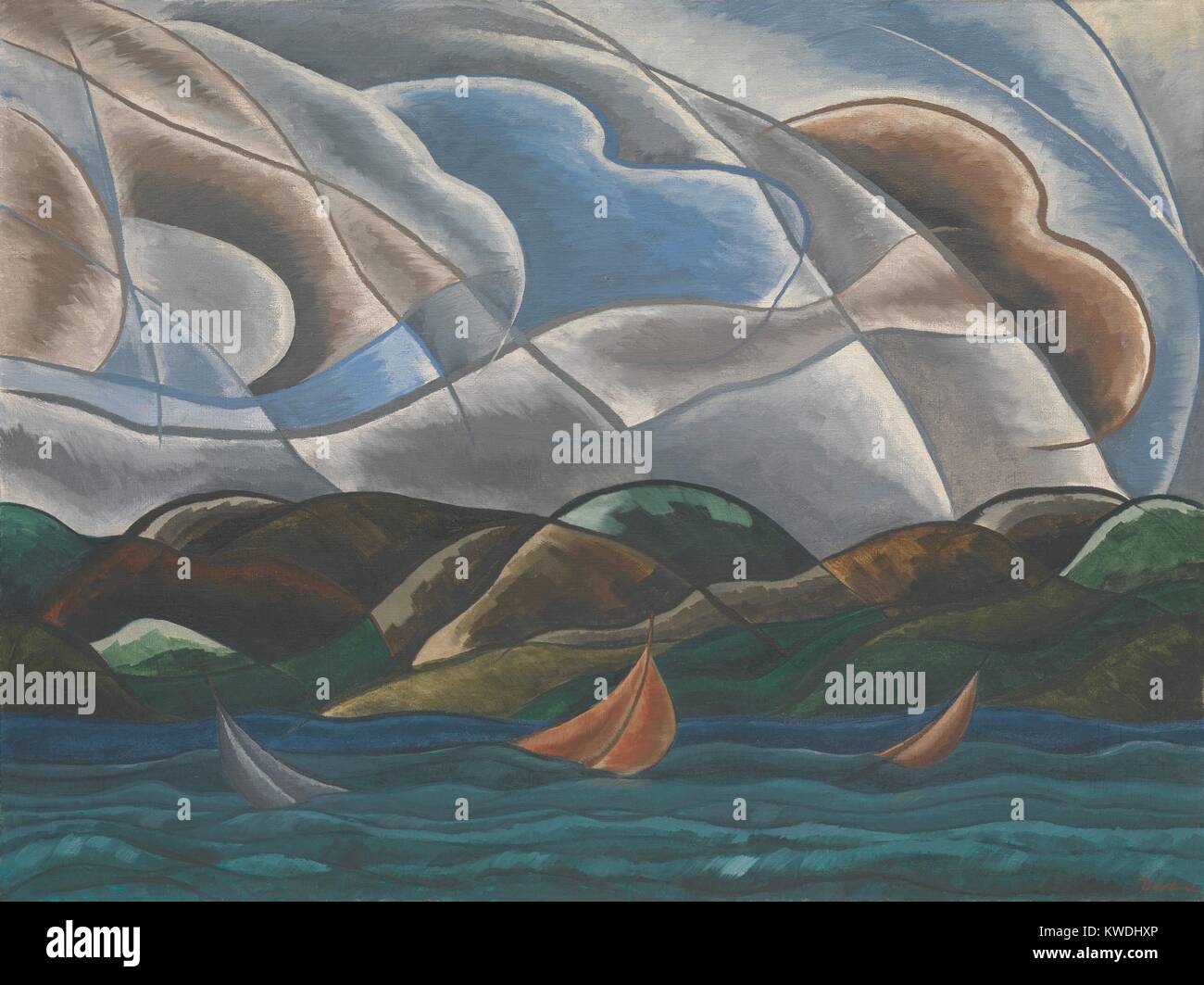 Wolken und Wasser, Arthur Dove, 1930, Amerikanische Malerei, Öl auf Leinwand, mit selektiver Lackierung. Abstrakte Landschaft von Halesite, Long Island, mit Segelbooten auf dem kabbelwasser. Der Wind ist vertreten durch die Bands von gekrümmten Linien in den bewölkten Himmel (BSLOC 2017 7 83) Stockfoto