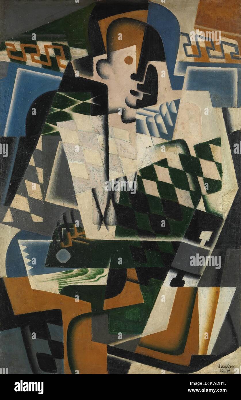 Harlekin mit einer Gitarre, von Juan Gris, 1917, Spanisch kubistisches Gemälde, Öl auf Leinwand. Gris machte seine avantgardistische Kunst einem breiteren Publikum zugänglich, ein Harlekin, einem beliebten malerischen lieferbar Comedy Charakter (BSLOC 2017 7 9) Stockfoto