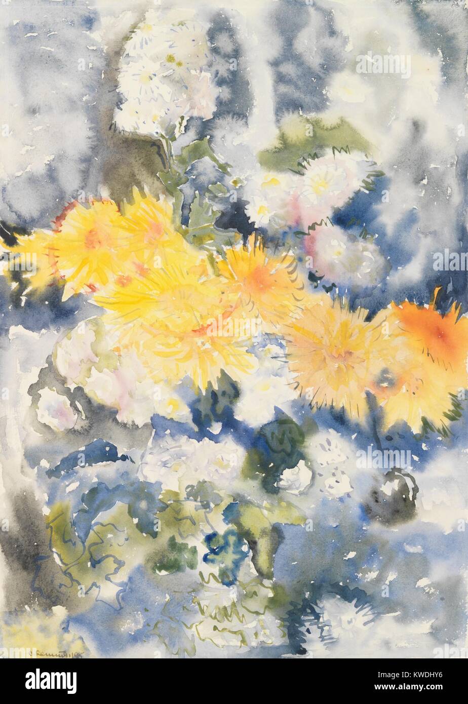 Gelb und Blau, von Charles Demuth, 1915, Amerikanische Malerei, Aquarell auf Papier. Der Titel spielt auf die Künstler formale Absichten, der Verfassen einer Arbeit mit leuchtend gelben Blüten gegen weiche Formen mit kühlen Farben Blau und Grün (BSLOC 2017 7 90) Stockfoto