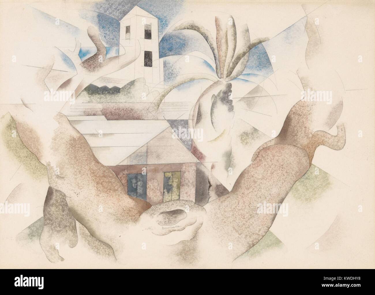 BERMUDA Nr. 1, Baum und Haus, von Charles Demuth, 1917, American Aquarell Malerei mit Bleistift. Kubistisch beeinflussten Landschaft mit Bäumen und Häusern (BSLOC 2017 7 92) Stockfoto