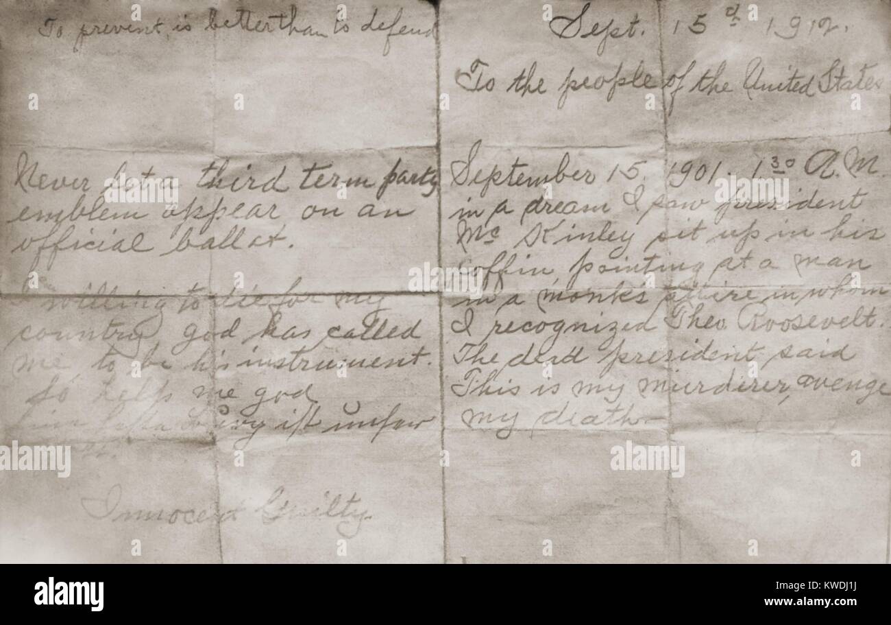 Brief von Theodore Roosevelts versucht, Assassin, einen Monat vor dem Shooting geschrieben. John Wohnz., vom 15. September 1912 und dem Volk der Vereinigten Staaten gerichtet. Wohnz beschrieben einen Traum, in dem Präsident McKinley, in seinem Sarg saß, Roosevelt als sein Mörder, und bat um Rache (BSLOC 2017 8 53) Stockfoto