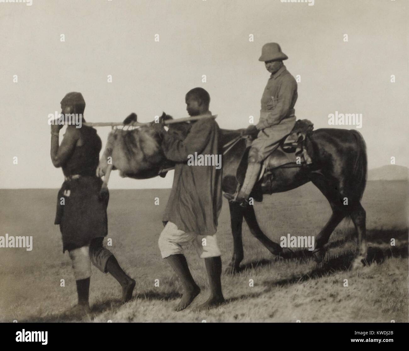 Theodore Roosevelt Fahrten neben afrikanischen Torhüter Durchführung eines Lion Haut zurück zum Camp, June-Dec. 1909. Es wurde gesammelt, die für die smithsonians Natural History Museum (BSLOC 2017 8 7) Stockfoto