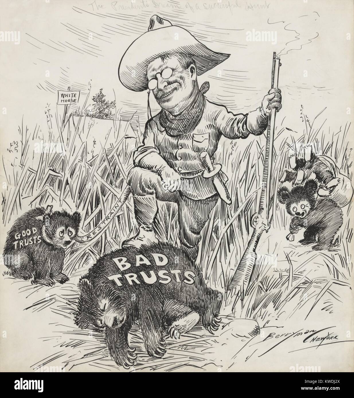 Die PRÄSIDENTEN TRAUM EINER ERFOLGREICHEN JAGD, Cartoon 1907 von Clifford Berryman. TR hat die gute Trusts angeleint und hat das schlechte Trusts (BSLOC 2017 8 80) Stockfoto