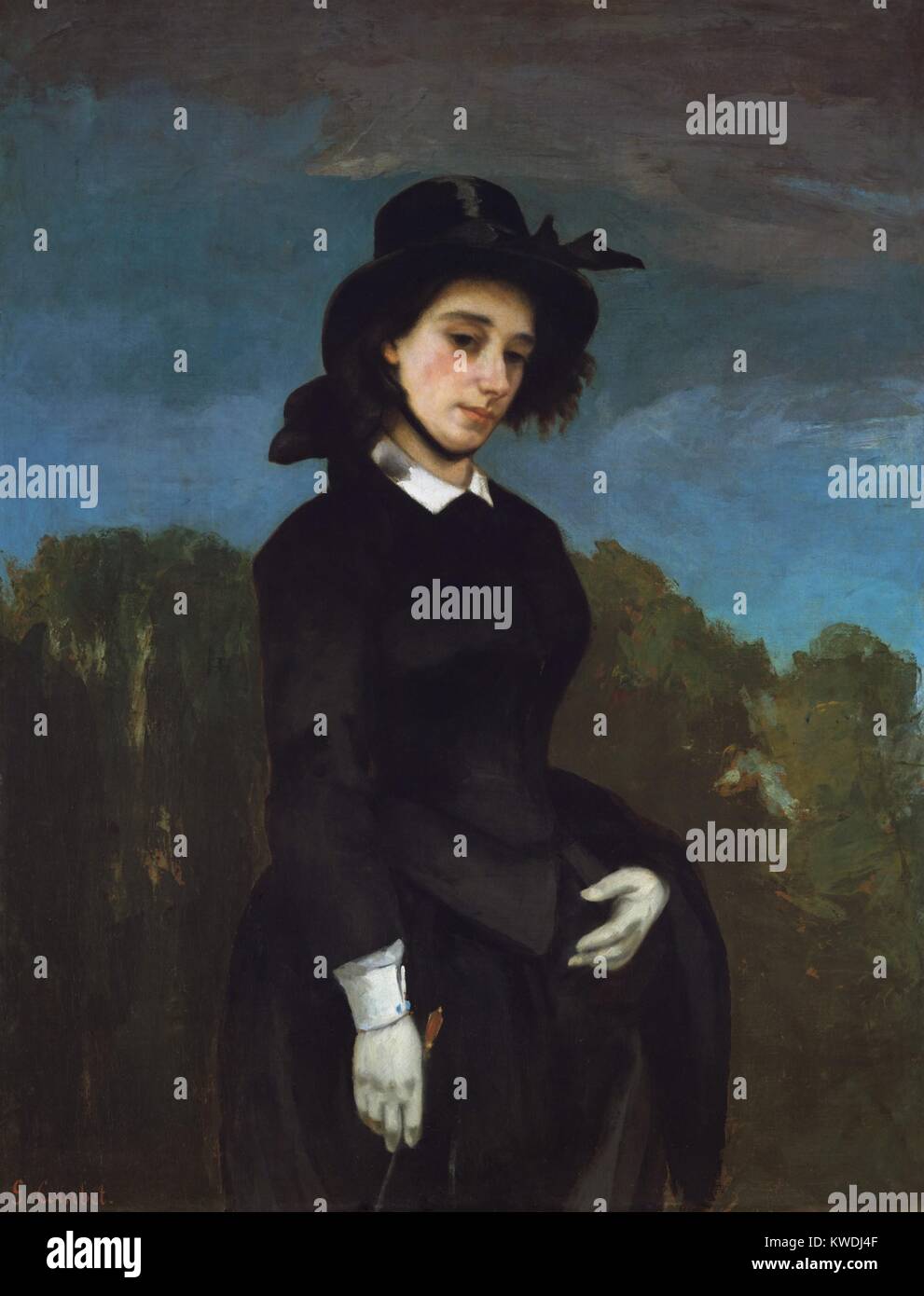 Frau in einer Reitschule Gewohnheit, von Gustave Courbet, 1856, Französische Malerei, Öl auf Leinwand. Porträt der Madame Clement Laurier, bildete, als sie, wie man das von einem Paar Courbet des Paares, verheiratet. Es ist mutig und einfach gemalt, ohne schmeichelhaft Kunstgriff (BSLOC 2017 9 116) Stockfoto