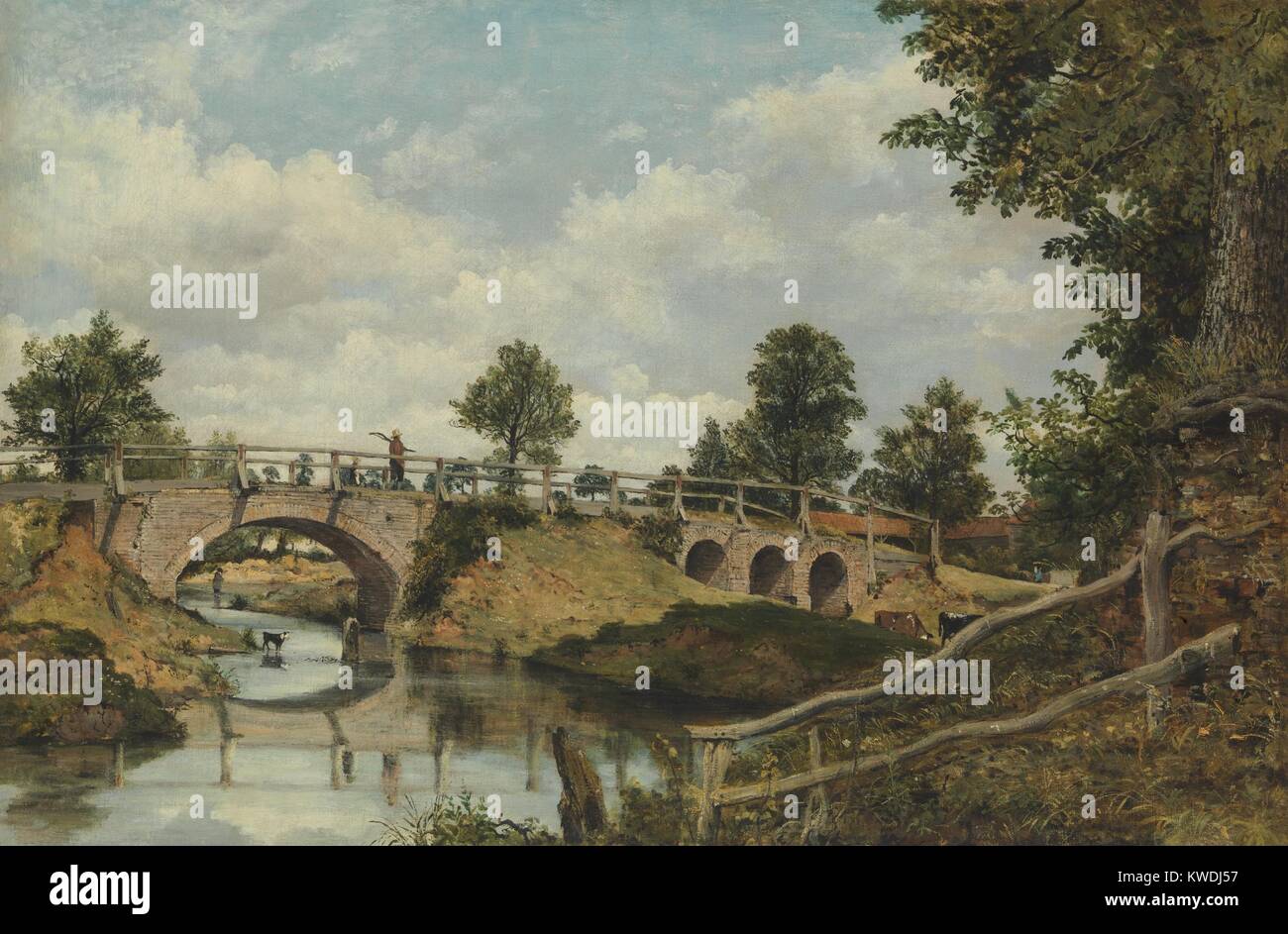 Eine alte Brücke in Hendon, Middlesex, von Frederick Wasser Watt, 1828, British Malerei, Öl auf Leinwand. Watt diese Arbeit wahrscheinlich an der Königlichen Akademie in 1828 ausgestellt. Es ist eine sehr detaillierte malerische Landschaft, bestückt mit Figuren und Tiere (BSLOC 2017 9 129) Stockfoto