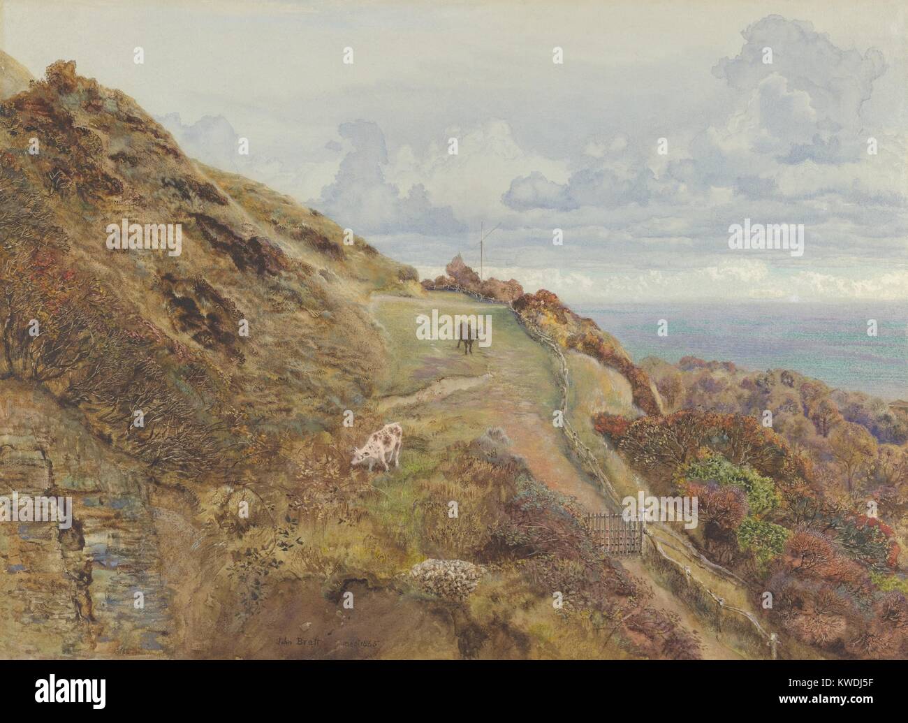 BONCHURCH DOWNS, von John Brett, 1865, British Aquarell Malerei. Isle of Wight Landschaft ist sehr detailliert dargestellt. Es gibt grasende Kühe auf einer Weide im Hochland, mit dem Meer in der Ferne sich bis an den Horizont, in diesem Meisterwerk der englischen Aquarell (BSLOC 2017 9 134) Stockfoto