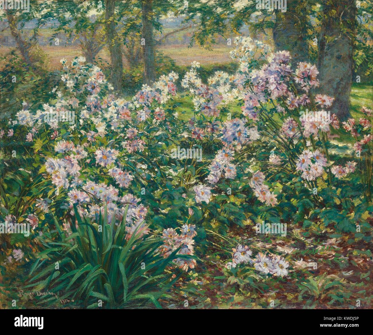 WINDFLOWERS, von Ruger Donoho, 1912, Amerikanische Malerei, Öl auf Leinwand. Blumen in einer Landschaft mit impressionistischen Farb- und Lackauftrag gemalt, mit naturalistischen Klarheit der Form und Raum (BSLOC 2017 9 14) Stockfoto