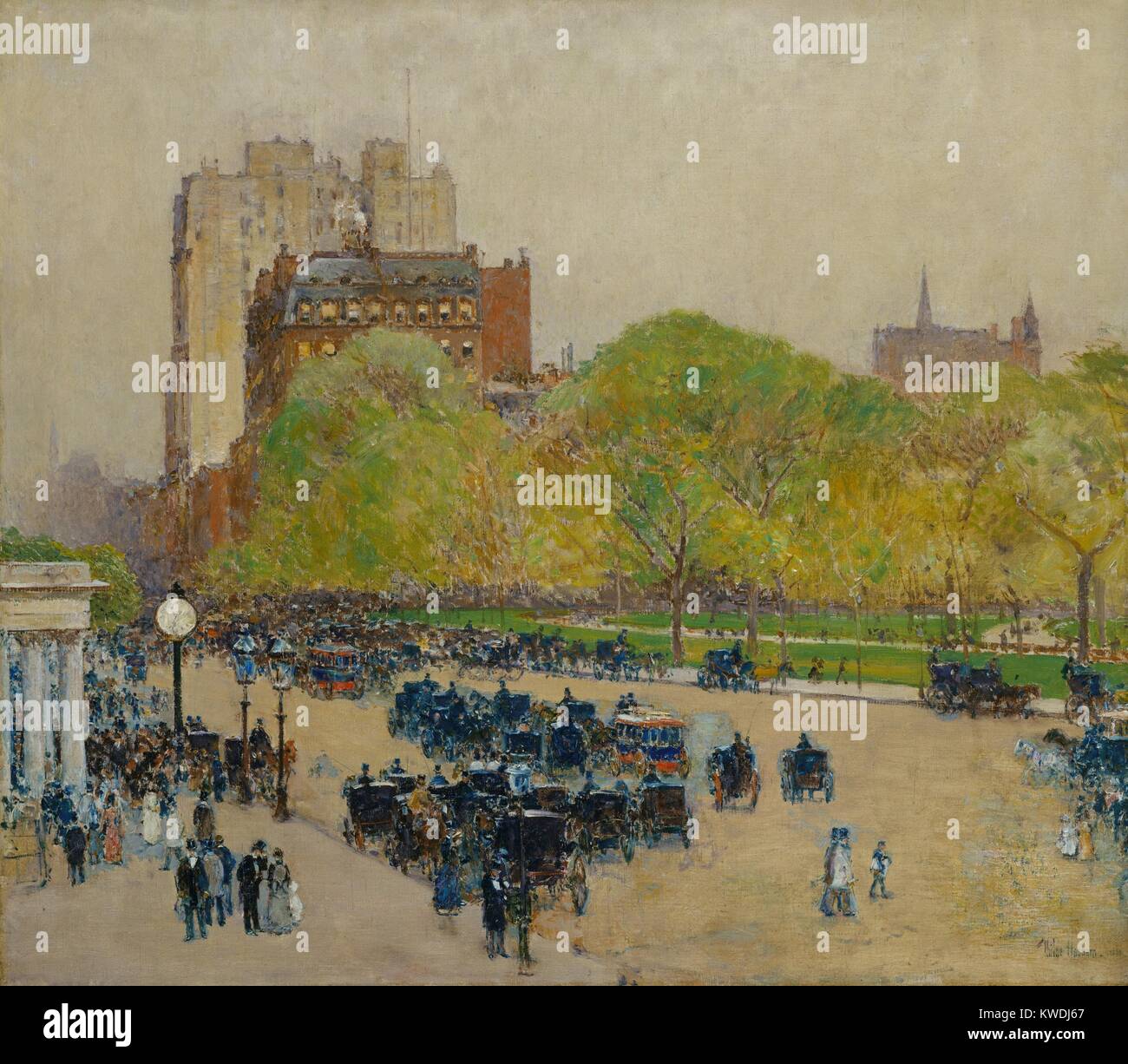 Frühling MORGEN IM HERZEN DER STADT, von Childe Hassam, 1890-99, Amerikanische Malerei, Öl auf Leinwand. Impressionistischen Szene von Madison Square Park, mit dem klassischen Portikus der eleganten Fifth Avenue Hotel, mit Verkehr von Pferden gezogenen Kabinen (BSLOC 2017 9 19) Stockfoto