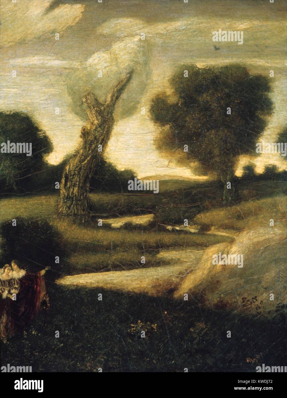 Der Wald von Arden, von Albert Pinkham Ryder, 1888-1908, Amerikanische Malerei, Öl auf Leinwand. Der Titel bezieht sich auf eine Szene in Shakespeares Komödie, WIE SIE ES MÖGEN, als drei Zeichen aus der Hof von Herzog Friedrich in den Wald von Arden entgangen. Ryder basierte Landschaft auf einem lokalen Bronx, New York, Park (BSLOC 2017 9 35) Stockfoto