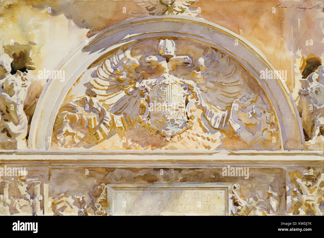 Wappen von KARL V. VON SPANIEN, von John Singer Sargent, 1912, American Aquarell Malerei. Sargent machte eine graphit zeichnung, über die er in warmen Farbtönen einschließlich gesättigte Gelb gestrichen. Er verwandelte einen monochromatischen geschnitzten Stein Relief mit brillanten Farben. Die heraldischen Abzeichen ist in der Alhambra in Granada, Spanien (BSLOC 2017 9 48) Stockfoto