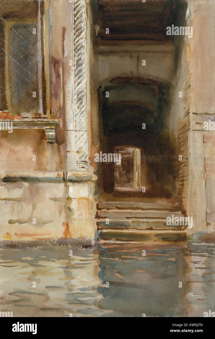 Venezianische Durchgang, von John Singer Sargent, 1905, American Aquarell Malerei. Diese einfache Zusammensetzung von Wasser und Stein ziehen den Betrachter in die nächste Straße auf die Venezianische Labyrinth (BSLOC 2017 9 49) Stockfoto