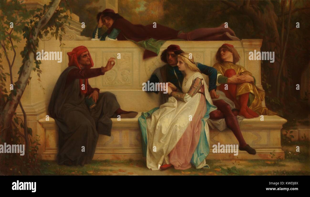 Florentiner Dichter, von Alexandre Cabanel 1861 Französische Malerei, Öl auf Holz. Die Künstlerin, die mindestens 4 Ableger der beliebten historischen Szene. Die Lautsprecher auf der Linken, die Ähnlichkeit mit Porträts von Dante Bären, rezitiert, ein Publikum in Renaissance Kostüm. Es ist eine historische realistischen Stil (BSLOC 2017 9 73) lackiert Stockfoto