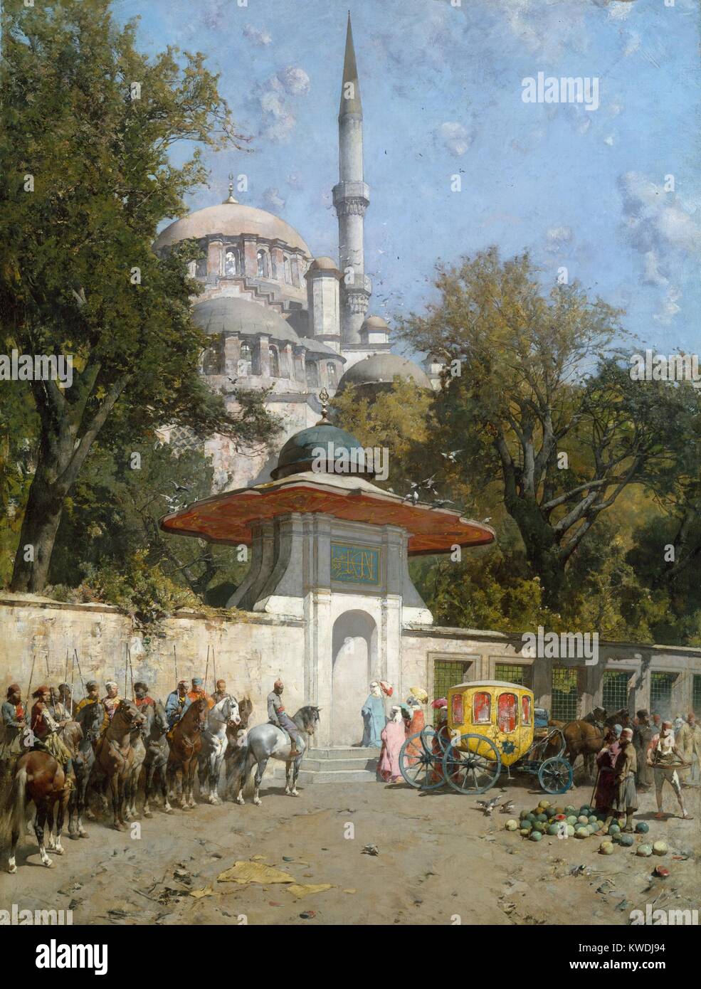 Eine Moschee, von Alberto Pasini, 1872, Italienische Malerei, Öl auf Leinwand. Vier islamischen Frauen des kaiserlichen Haushalts geben Sie die yeni Valide Moschee in Eminönü, Istanbul. Der Künstler hat eine helle, leuchtende Palette, für seine ausführliche realistische Malerei (BSLOC 2017 9 80) Stockfoto