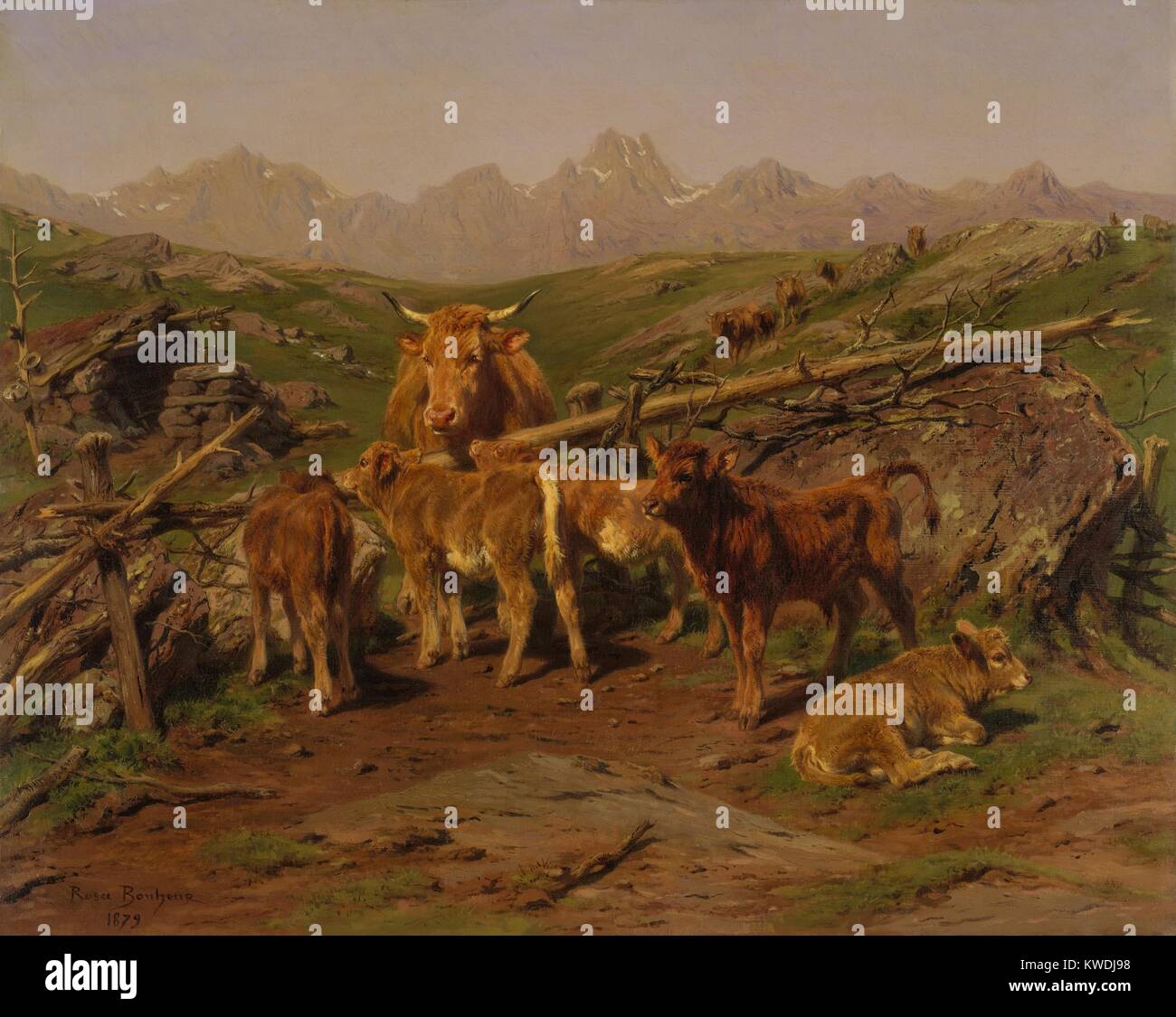 Absetzen der Kälber, von Rosa Bonheur, 1879, Französische Malerei, Öl auf Leinwand. In den Pyrenäen, die Szene zeigt die sechs bis acht Monate alten Kälber, die von der Herde getrennt und ihre Mütter, durch einen Zaun (BSLOC 2017 9 85) Stockfoto