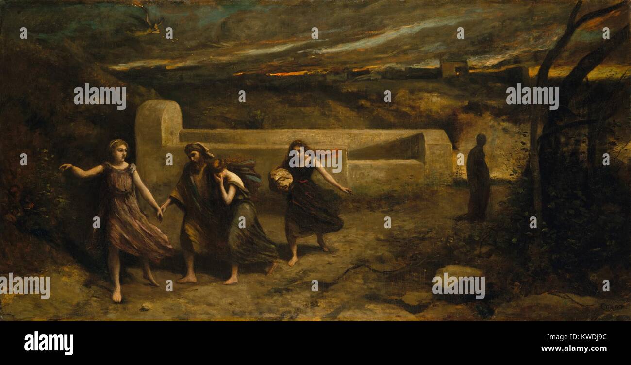 Die Verbrennung von Sodom, von Camille Corot, 1843-57, Französische Malerei, Öl auf Leinwand. Dies wurde auf dem Pariser Salon von 1857 ausgestellt. Ein Engel führt Lot und seine zwei Töchter in Sicherheit, aber hinter Links ist viel Frau, die zurück in der sündigen Stadt in Bedauern sah, wurde sie zu einer Salzsäule (BSLOC 2017 9 89) Stockfoto