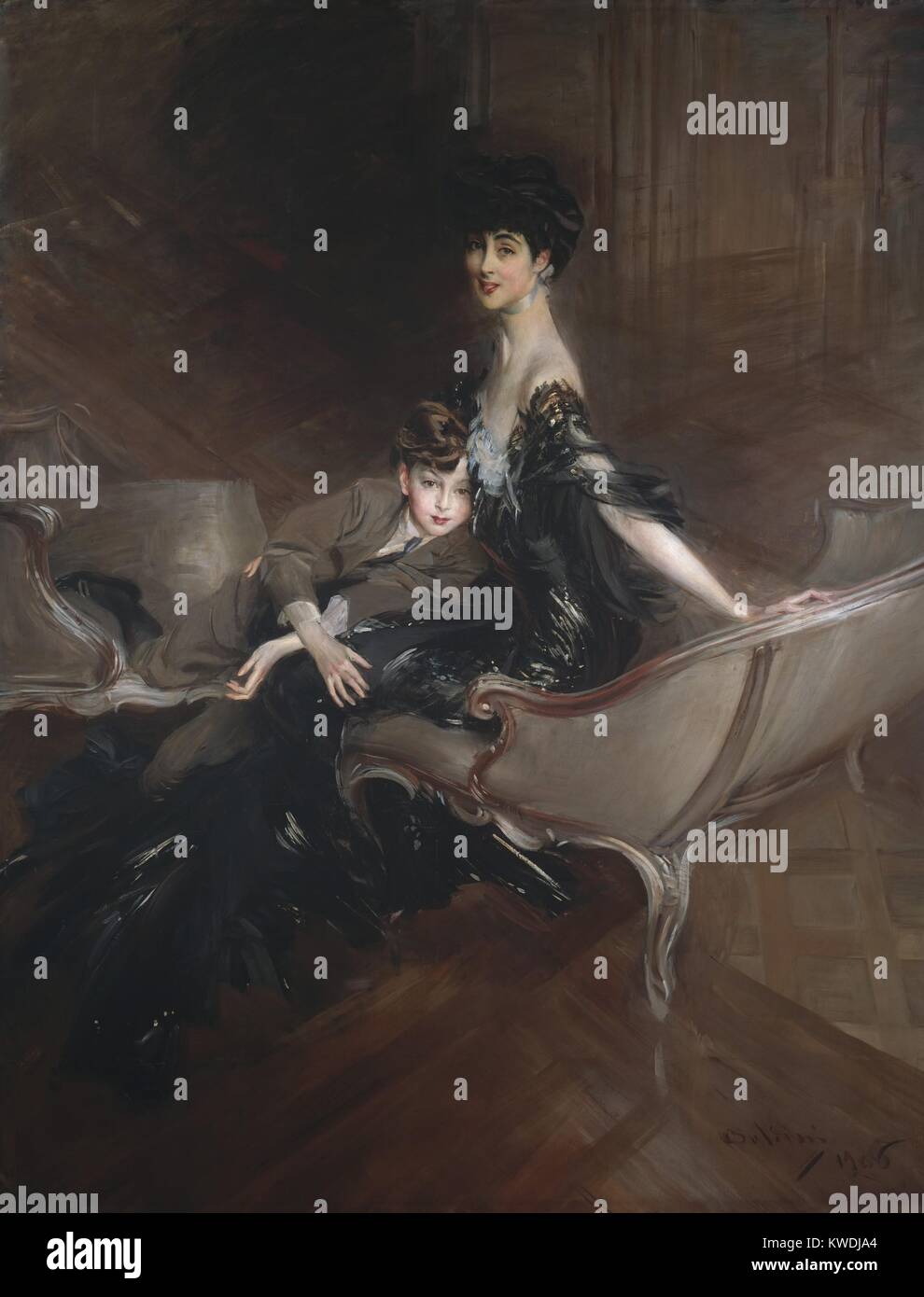 CONSUELO VANDERBILT, Herzogin von Marlborough, von Giovanni Boldini, 1906, Italienische Öl Malerei. Italienische geboren Boldini malte das Porträt der Herzogin und ihr Sohn, Herrn Ivor Spencer-Churchill, mit seinem malerischen Werk und Flair (BSLOC 2017 10 102) Stockfoto