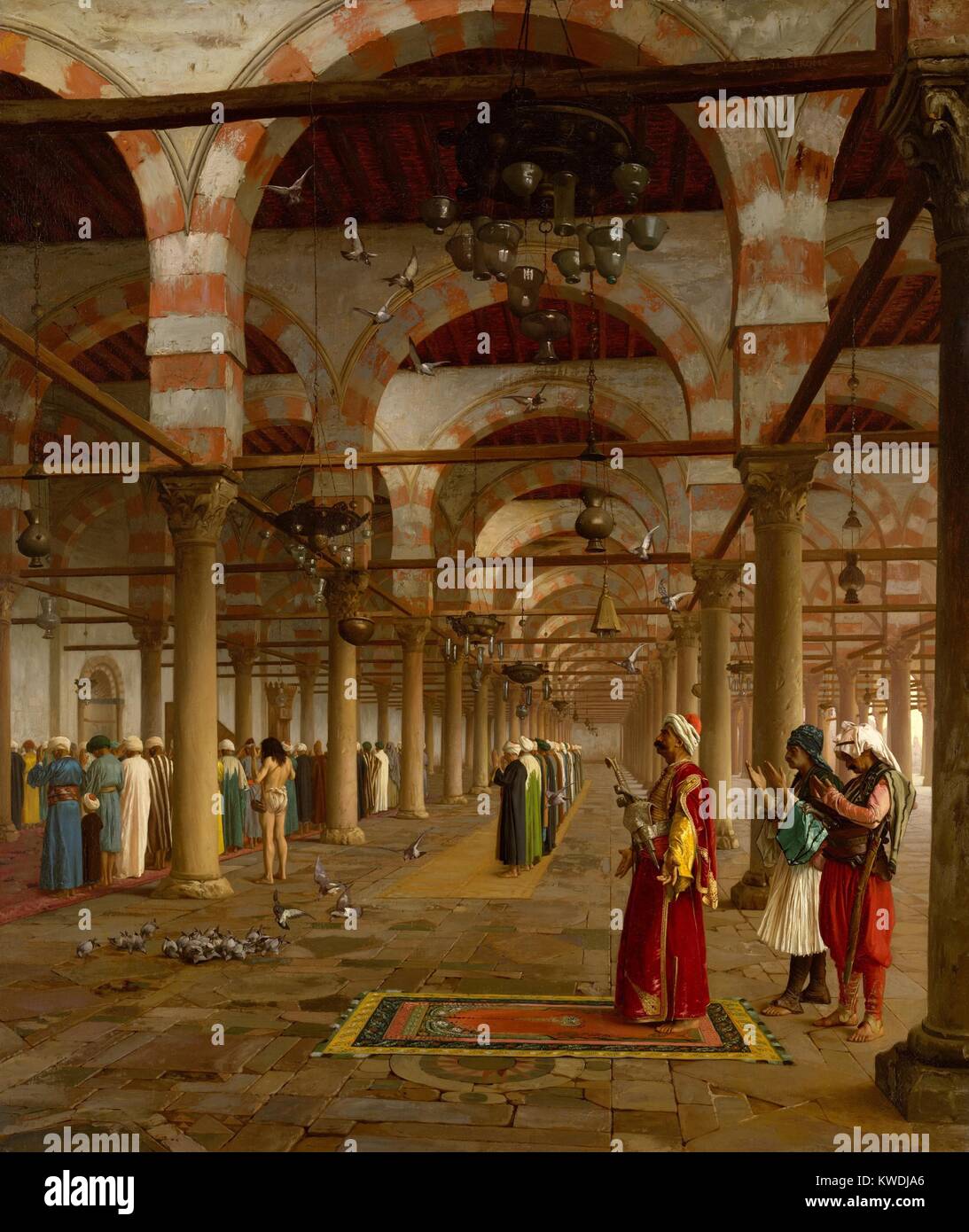 Das Gebet in der Moschee, die von Jean-Leon Gerome 1871, Französische Malerei, Öl auf Leinwand. Islamische Männer beten in Moschee von 'Amr, Kairo. Es ist eine imaginäre Szene, wahrscheinlich aus Verbundwerkstoff aus Skizzen und Fotos erstellt. Zwischen 1796 und 1875, die Moschee von 'Amr, wurde unter Wiederherstellung (BSLOC 2017 10 104) Stockfoto