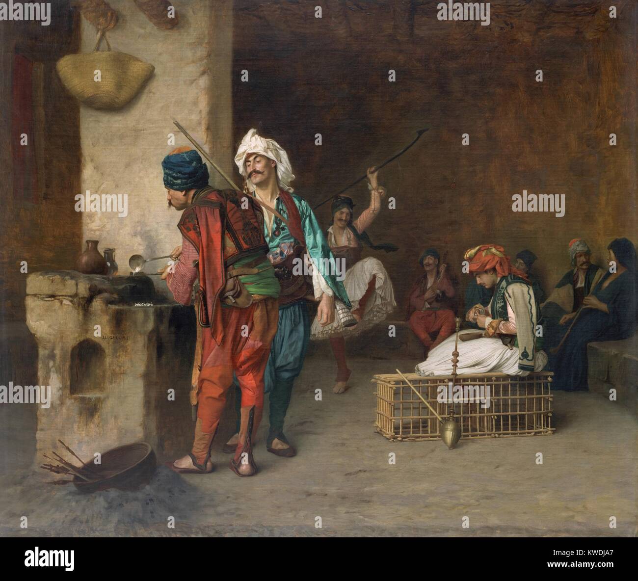 CAFÉ HAUS, Kairo, (CASTING AUFZÄHLUNGSZEICHEN), durch Jean-Leon Gerome, 1884, Französische Malerei, Öl auf Leinwand. Bashi-bazouks, Söldner, Soldaten, die in der Osmanischen Armee, in einem Kairoer Café dargestellt. Auf der rechten Seite Männer und Frauen sehen einen männlichen Tänzer, wie sie hier sitzen, oder Rauchen. Die beiden weniger Zahlen recht entspannt sind die Kugeln (BSLOC 2017 10 105) Stockfoto