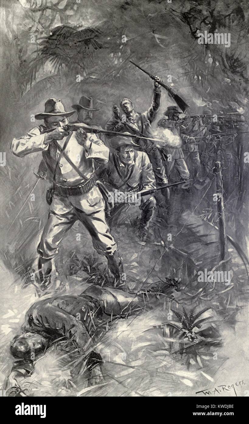 Rauhe Reiter in der Schlacht von Guasimas, 24. Juni 1898. Die ersten Kämpfe in der Santiago Kampagne gestartet, wenn US-Truppen Spanisch Positionen außerhalb von Santiago De Kuba angegriffen. Die Spanier waren bereits auf dem Rückzug, die der Kampf unterbrochen, mit an den Kosten von 27 Toten und 57, um feindliche Verluste von 14 Toten und 14 Verletzten. Theodore Roosevelt ist an zweiter Stelle stehende Rough Rider von Links (BSLOC 2017 10 27) Stockfoto