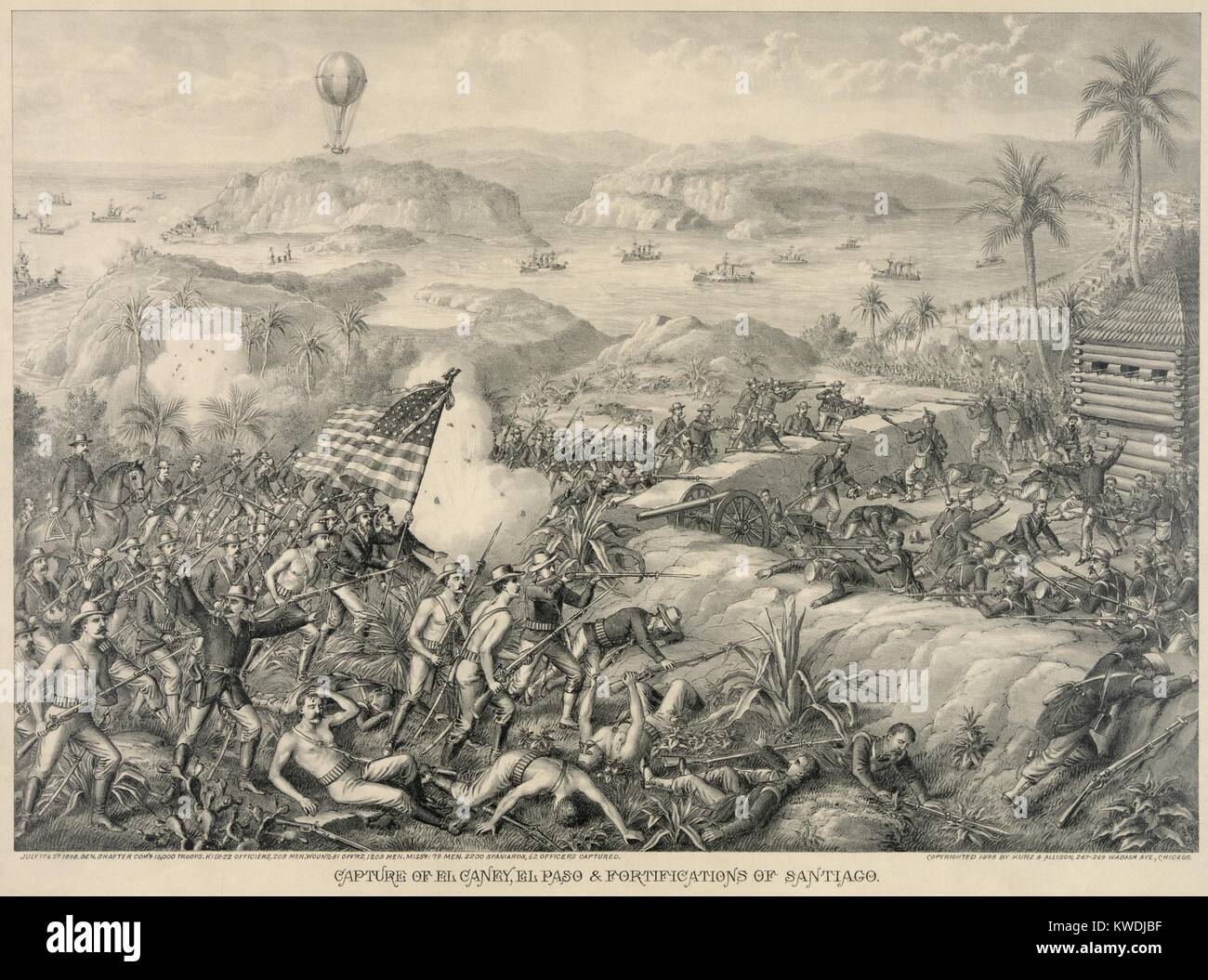 Schlacht von El Caney erfolgte am 1. Juli 1898 kämpften, während des spanisch-amerikanischen Krieg in Kuba. Die US-Streitkräfte die Stadt und Anlagen erfasst die wichtigsten Angriff auf den San Juan Höhen zu unterstützen. Im Hintergrund sind die Spanischen Schiffe in der Bucht von Santiago blockiert durch US Navy ganz rechts. Das US-Militär verwendet Beobachtung Ballons während der Santiago Campaign (BSLOC 2017 10 28) Stockfoto