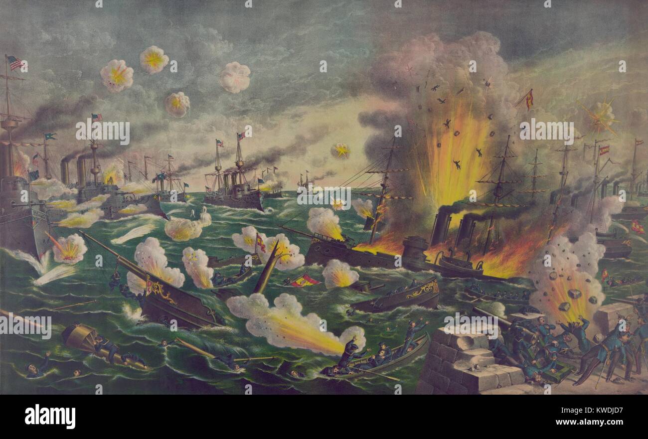 Die Schlacht von Manila Bay, war der erste Kampf der spanisch-amerikanische Krieg. Mai 1, 1898. Vorbei an Hin und Her vor der spanischen Flotte, den Amerikanern bombardiert, die Spanische, die Versenkung der Flotte und ihre Ufer Batterien deaktivieren. Dies war die erste große Schlacht des Spanisch-Amerikanischen Krieges (BSLOC 2017 10 62) Stockfoto