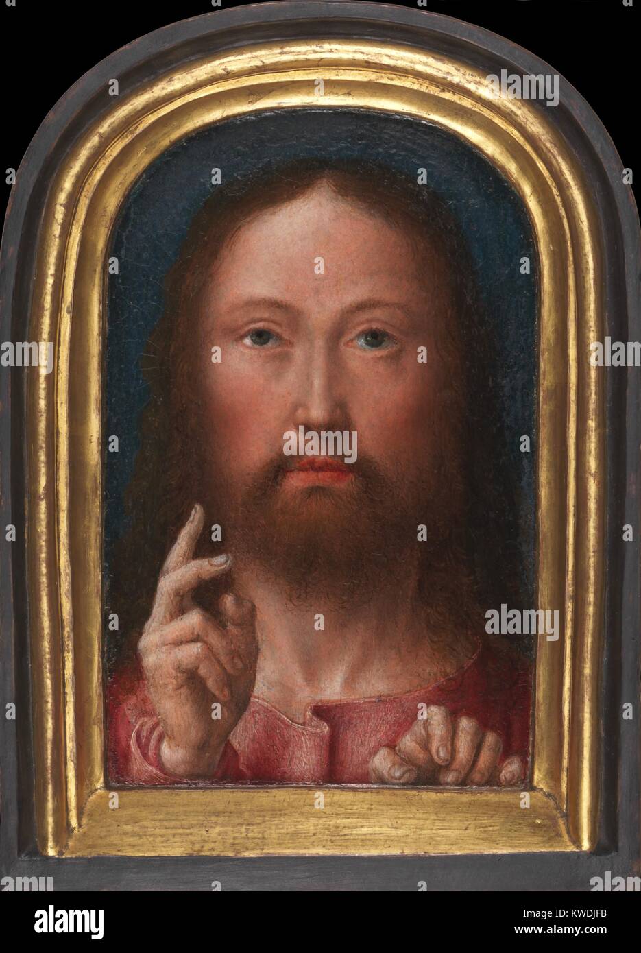 Christus Segen, von Gerard David, 1500-05, Niederländischen, Northern Renaissance Öl Malerei. Die lackierte Oberfläche dieses kleine Malerei ist weniger als 5 x 4 Zoll. Das Gesicht und Hand fein bemalt mit Beobachtung basierten Realismus (BSLOC 2017 16 104) Stockfoto